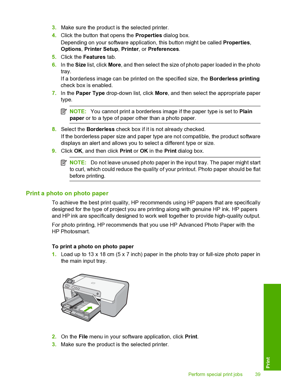 HP D5400 manual Print a photo on photo paper, To print a photo on photo paper 