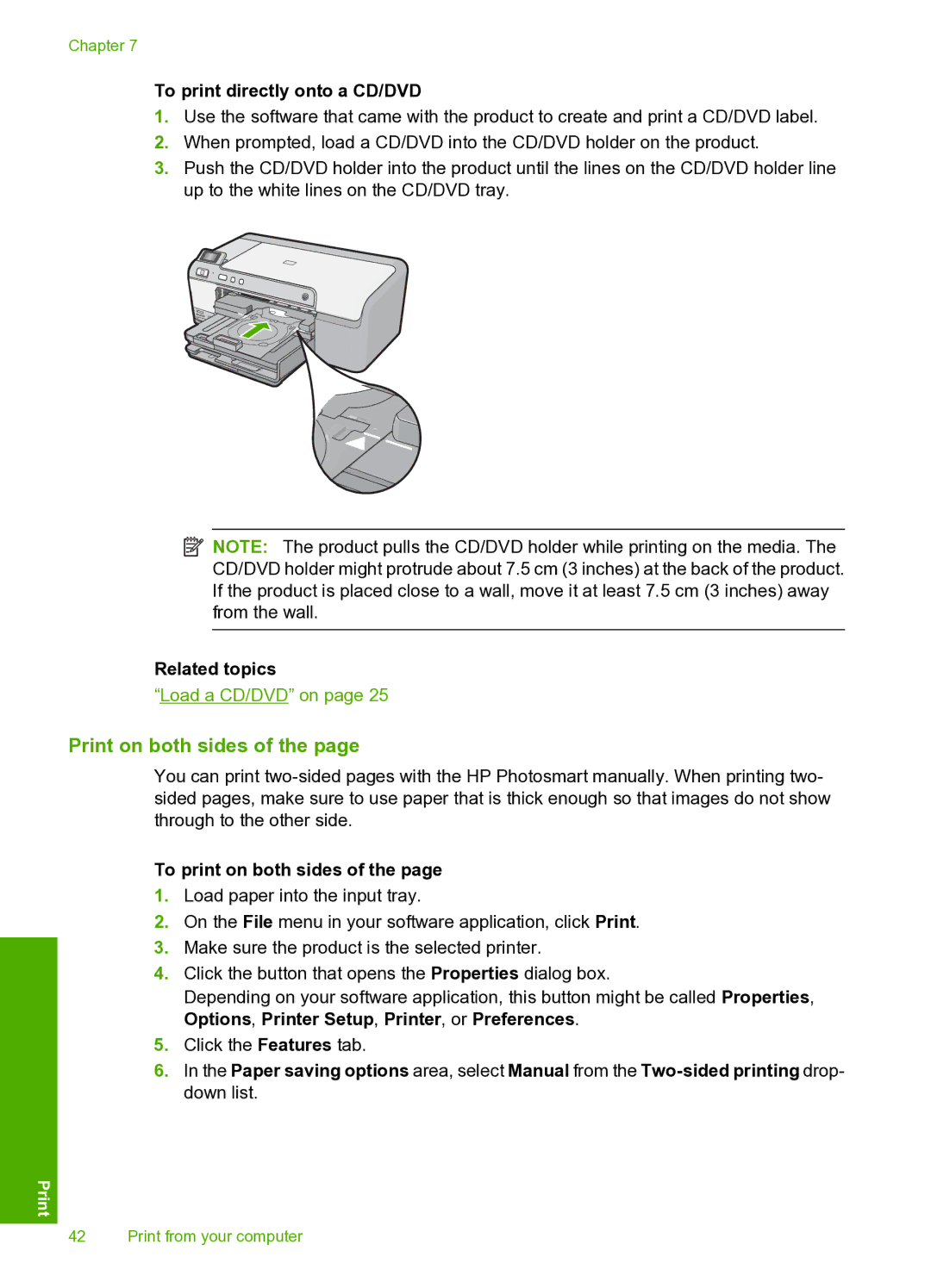 HP D5400 manual Print on both sides, To print directly onto a CD/DVD, To print on both sides 