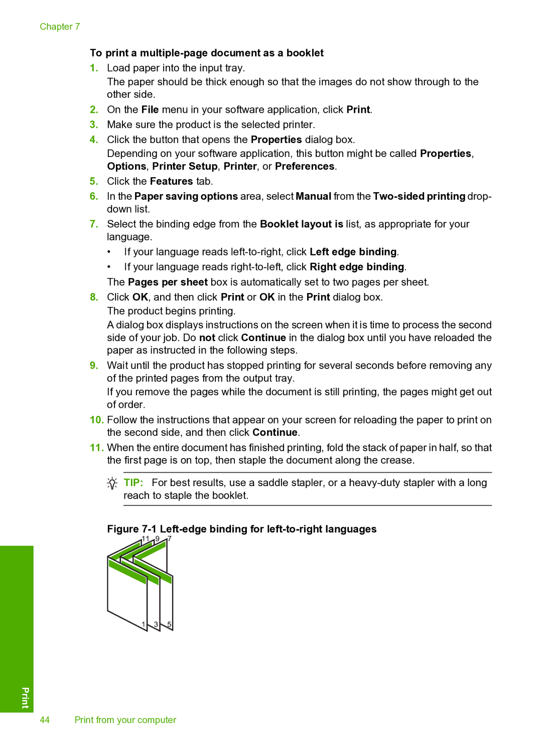 HP D5400 manual To print a multiple-page document as a booklet, Left-edge binding for left-to-right languages 