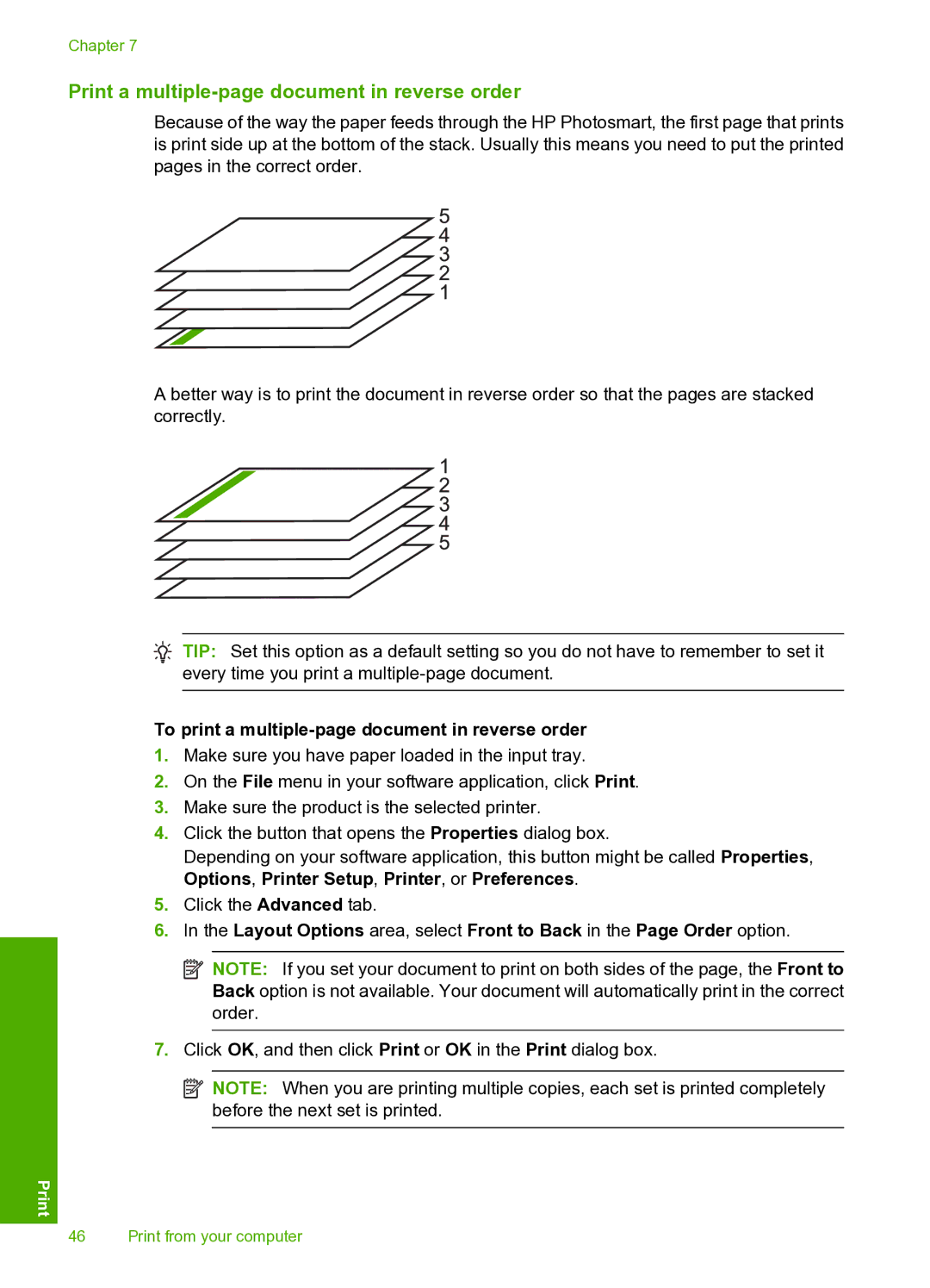 HP D5400 manual Print a multiple-page document in reverse order, To print a multiple-page document in reverse order 