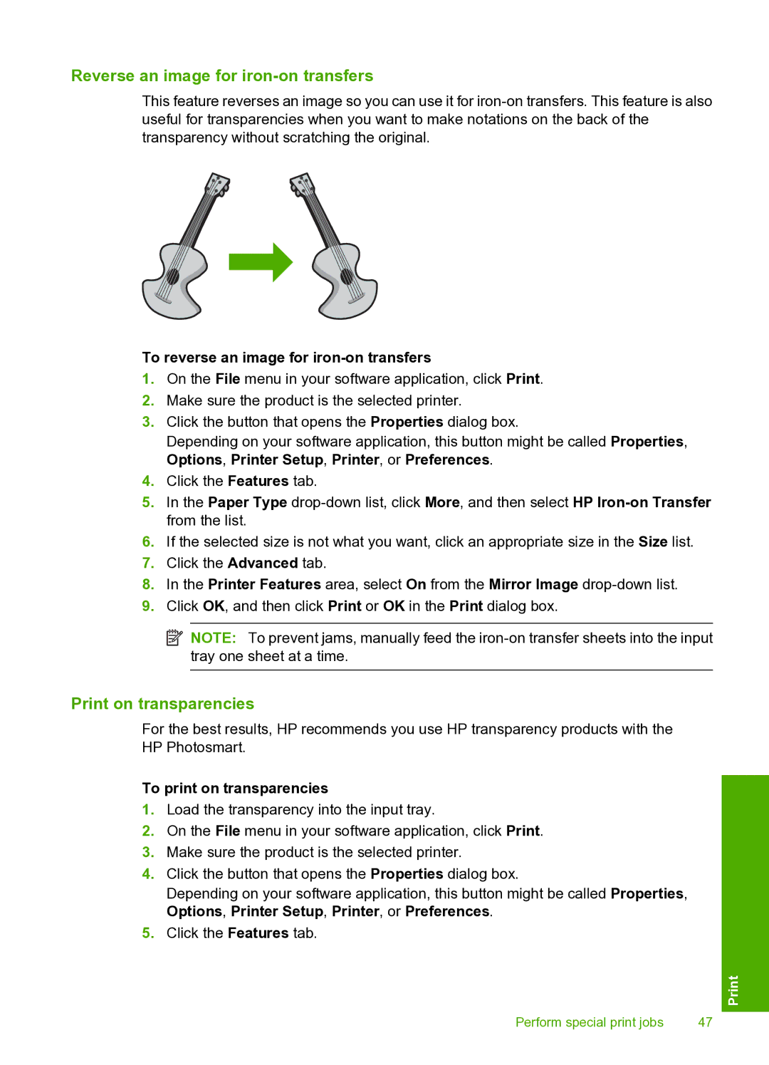 HP D5400 manual Reverse an image for iron-on transfers, Print on transparencies, To reverse an image for iron-on transfers 