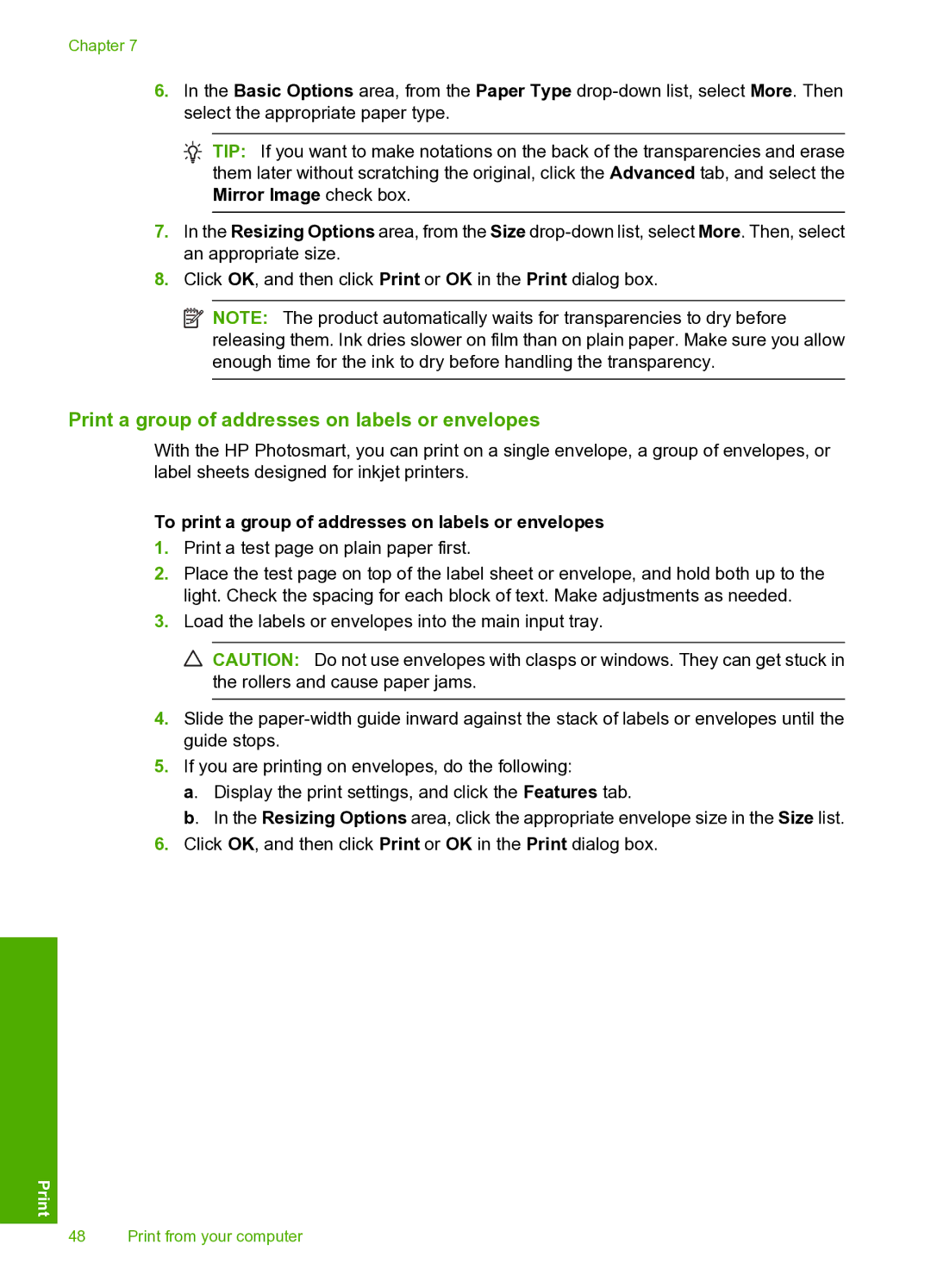 HP D5400 manual Print a group of addresses on labels or envelopes, To print a group of addresses on labels or envelopes 