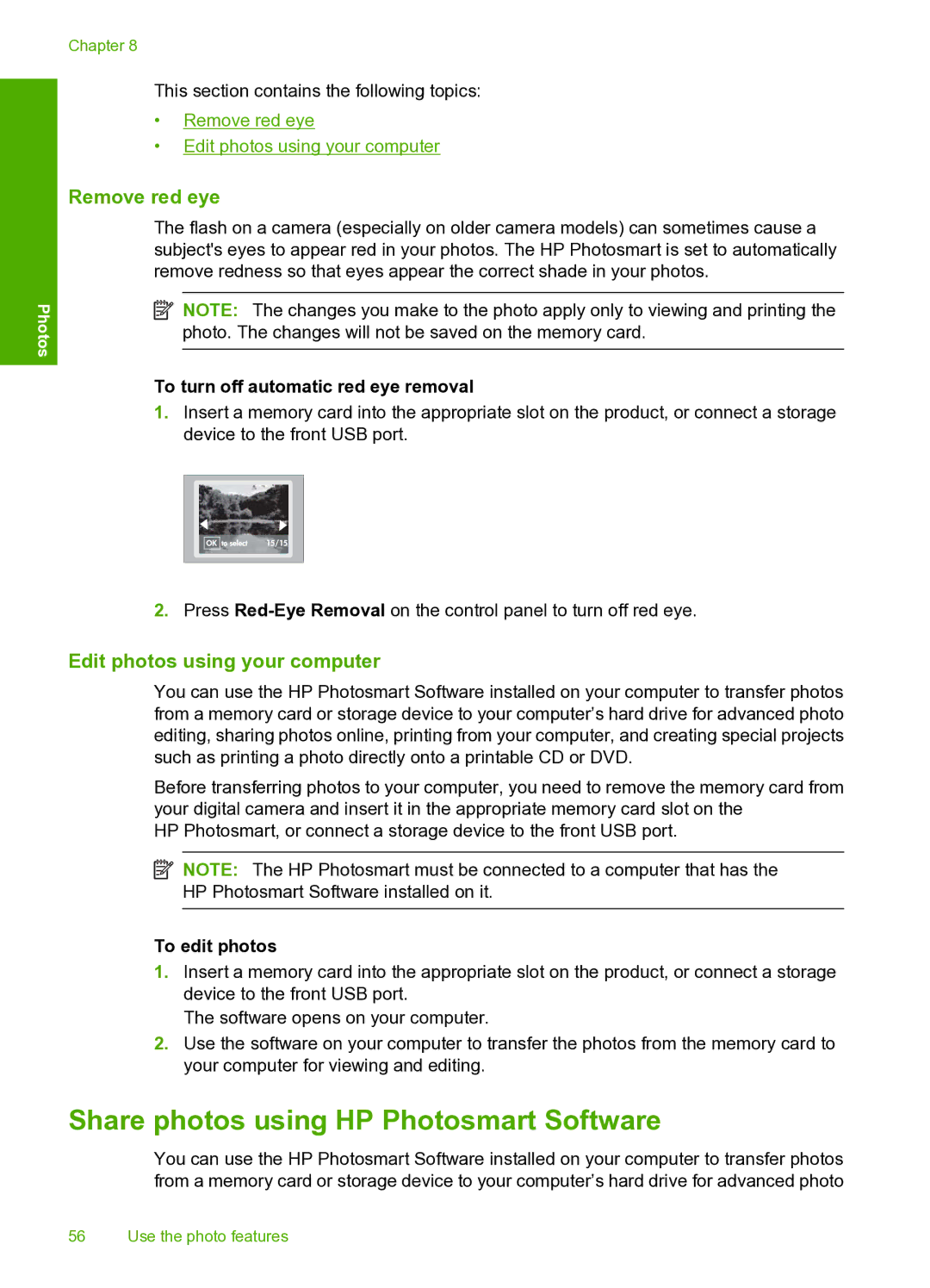 HP D5400 manual Share photos using HP Photosmart Software, Remove red eye, Edit photos using your computer, To edit photos 