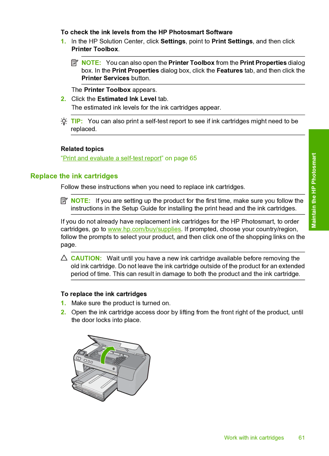 HP D5400 manual Replace the ink cartridges, To check the ink levels from the HP Photosmart Software 