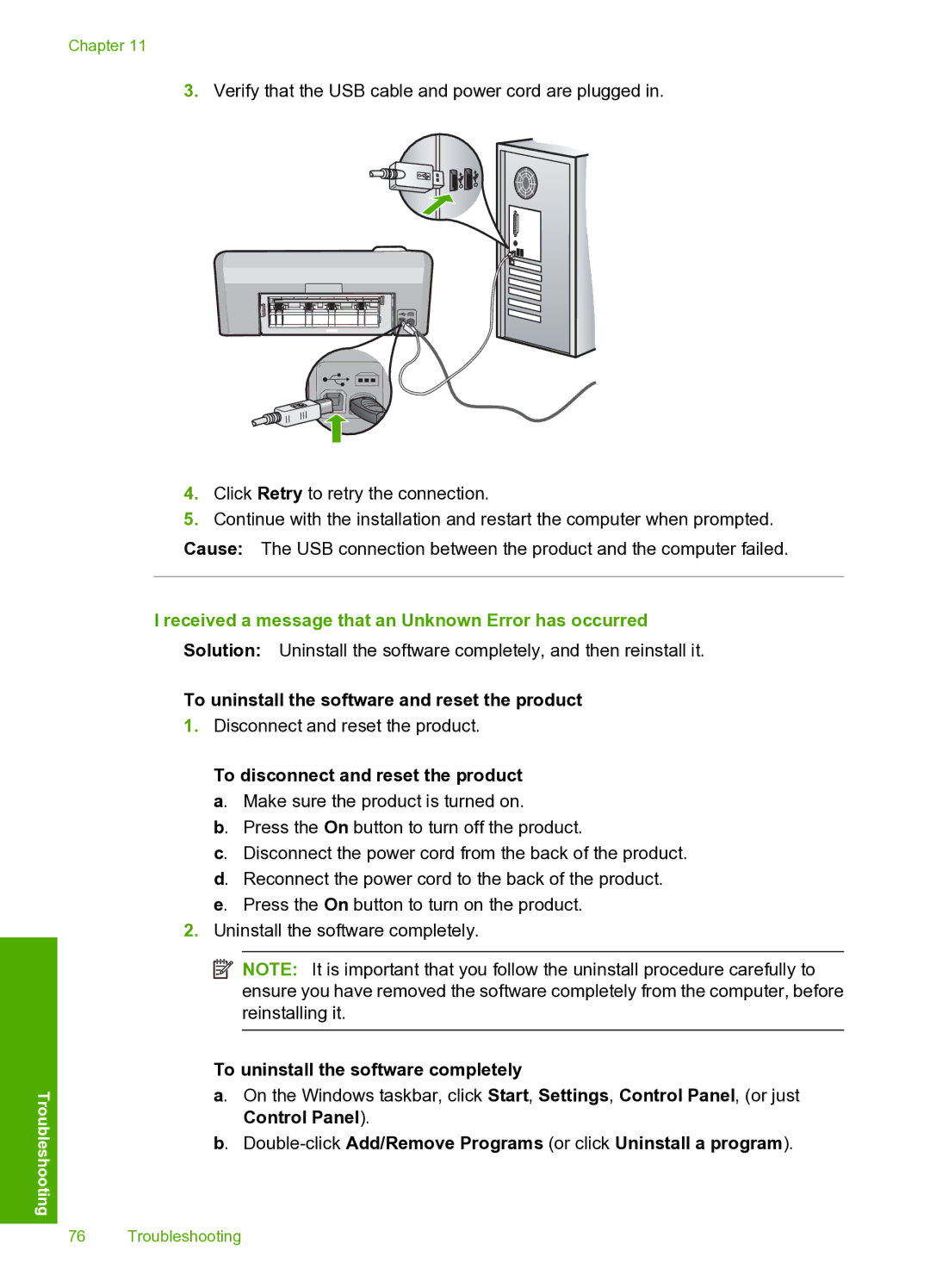 HP D5400 manual Received a message that an Unknown Error has occurred, To uninstall the software and reset the product 