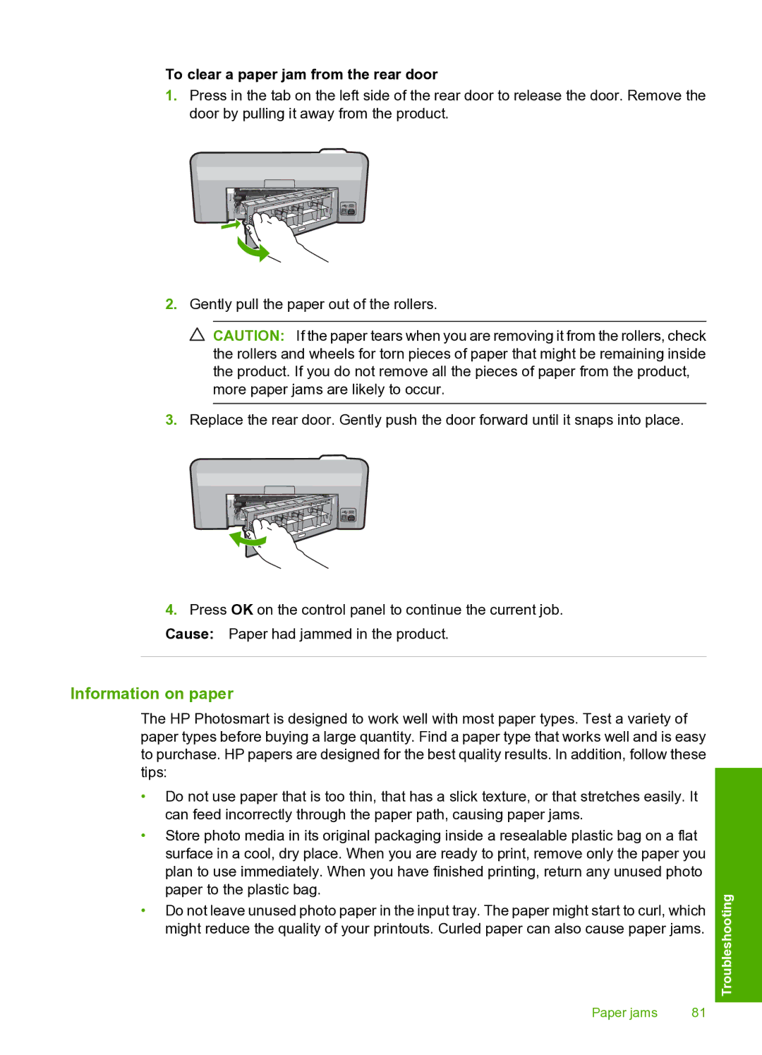 HP D5400 manual Information on paper, To clear a paper jam from the rear door 