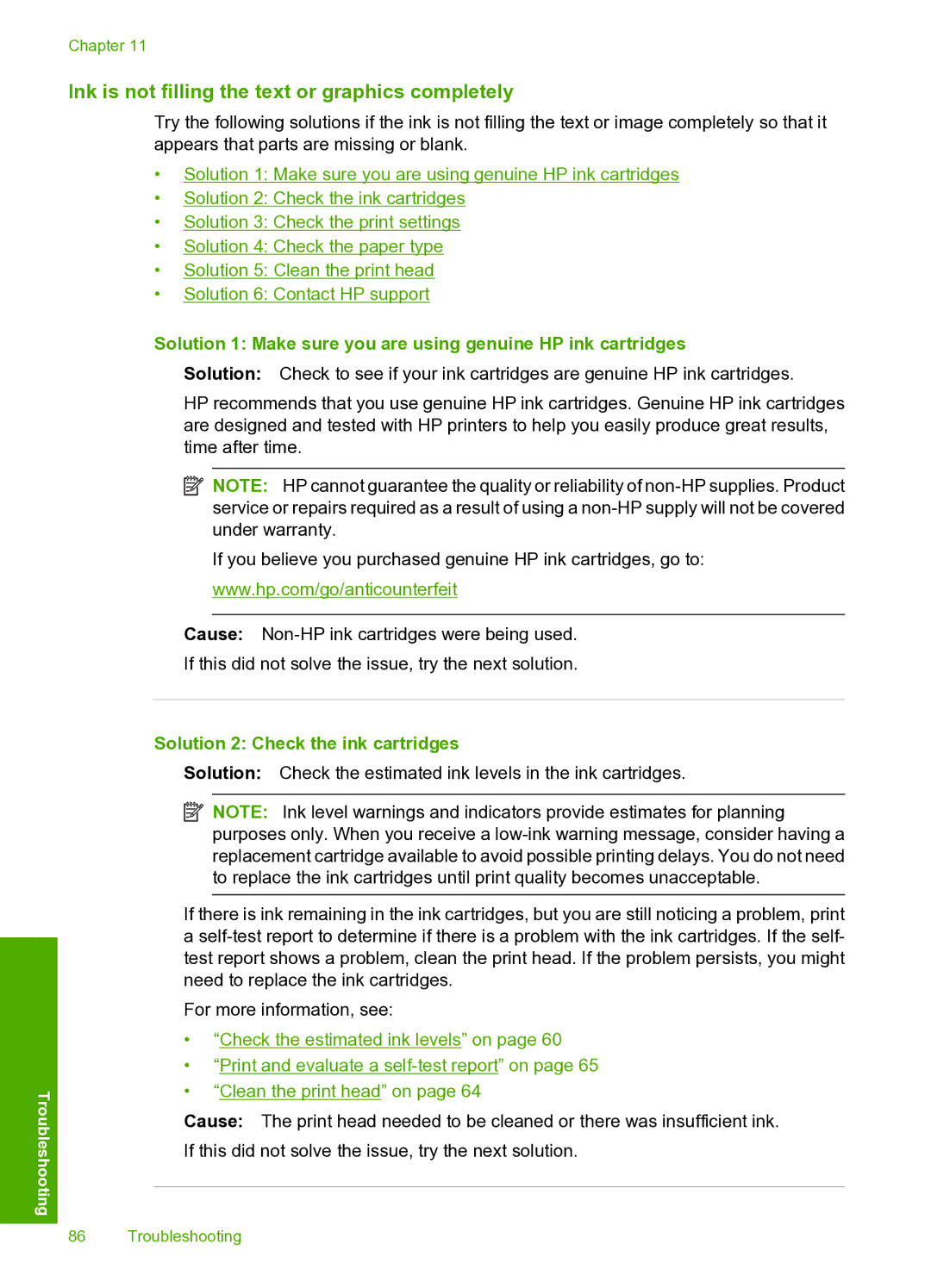 HP D5400 manual Ink is not filling the text or graphics completely, Solution 2 Check the ink cartridges 