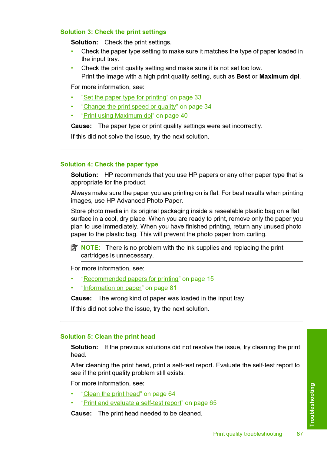 HP D5400 manual Solution 3 Check the print settings, Solution 4 Check the paper type, Solution 5 Clean the print head 