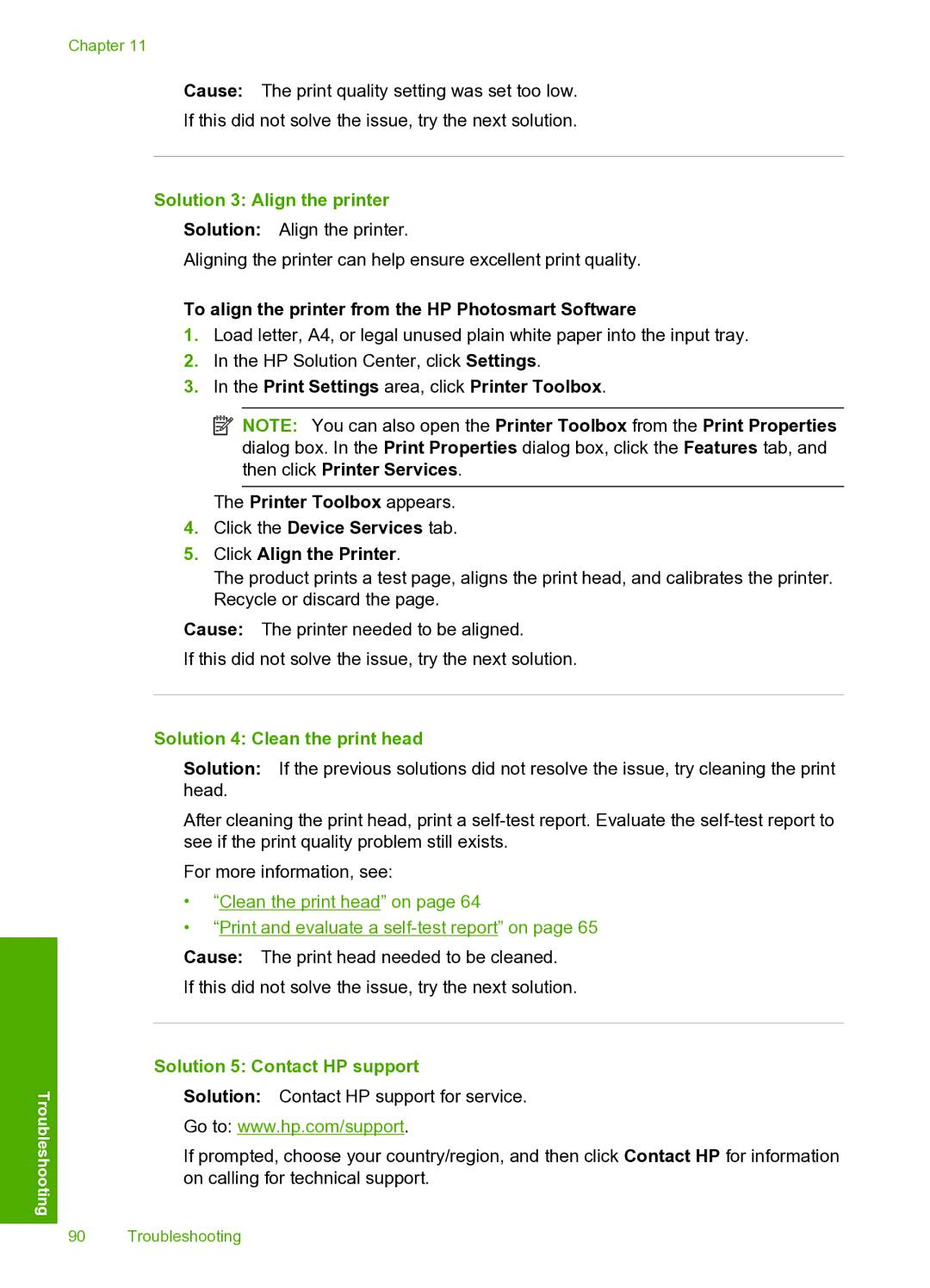 HP D5400 manual Solution 3 Align the printer, Solution 4 Clean the print head, Solution 5 Contact HP support 