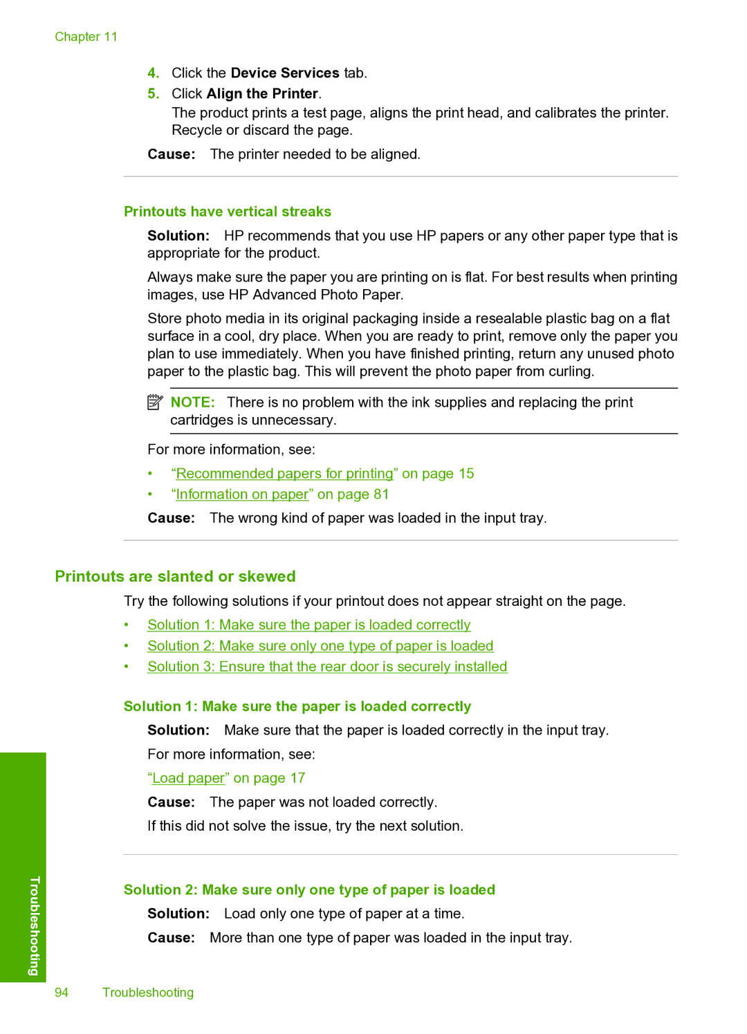 HP D5400 manual Printouts are slanted or skewed, Printouts have vertical streaks 