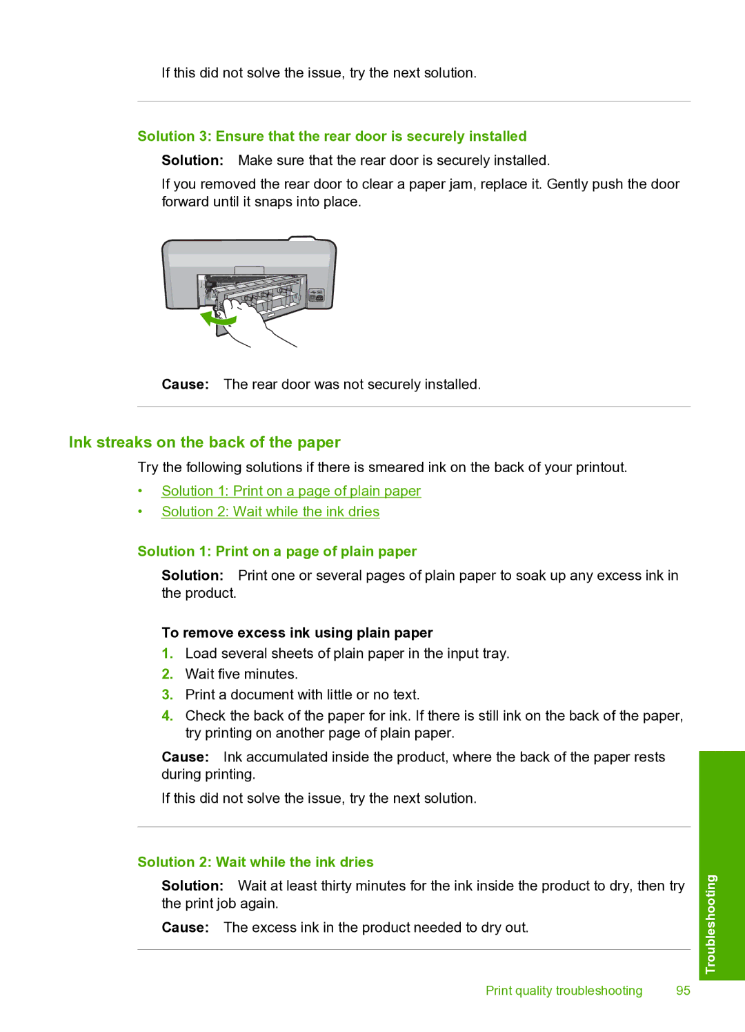 HP D5400 manual Ink streaks on the back of the paper, Solution 3 Ensure that the rear door is securely installed 