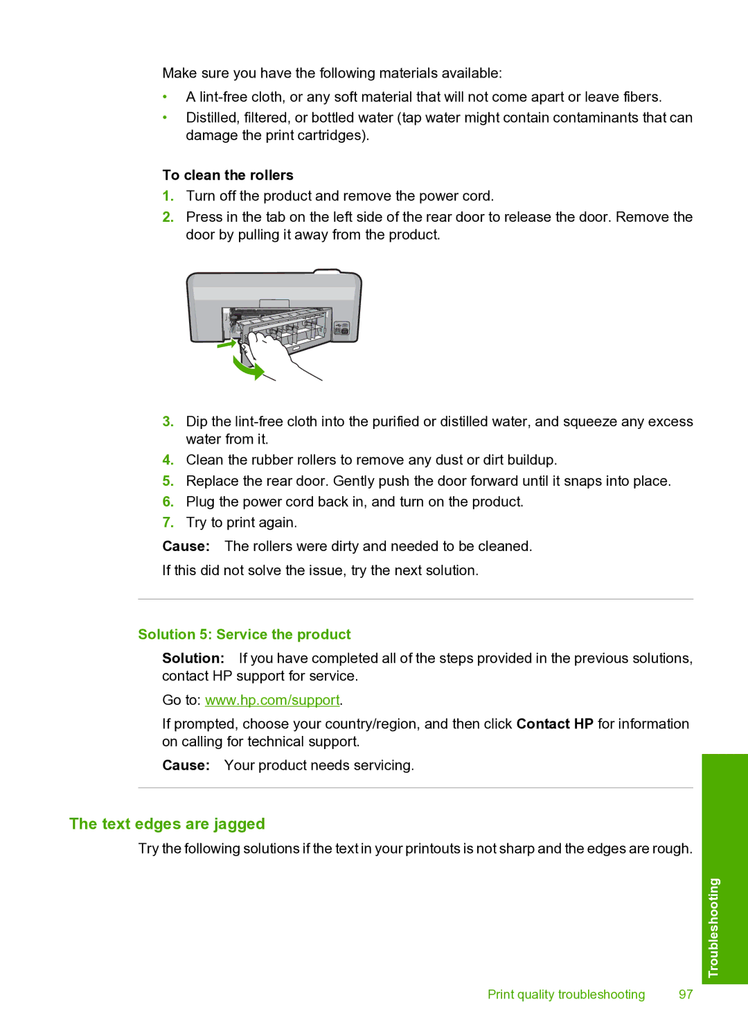 HP D5400 manual Text edges are jagged, To clean the rollers, Solution 5 Service the product 