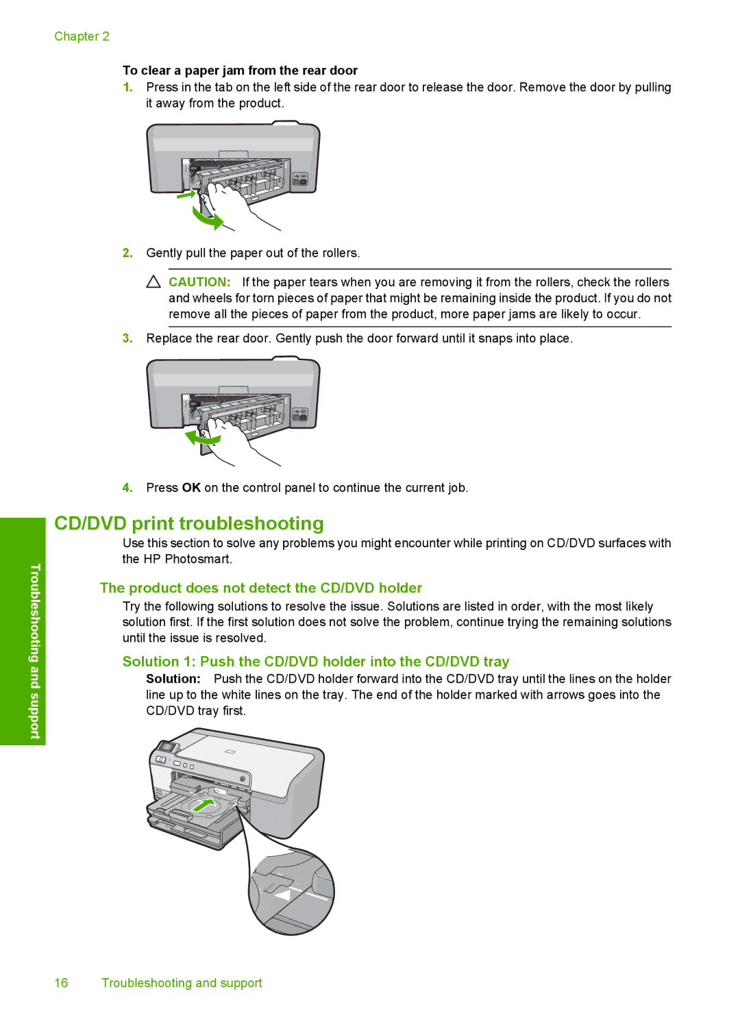 HP D5463 CD/DVD print troubleshooting, Product does not detect the CD/DVD holder, To clear a paper jam from the rear door 