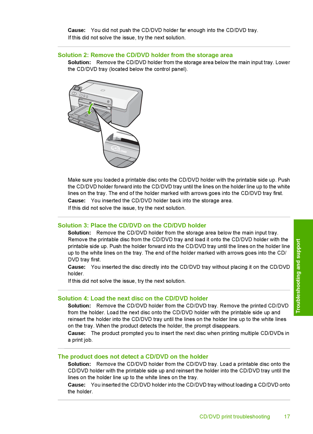 HP D5463 manual Solution 2 Remove the CD/DVD holder from the storage area, Solution 3 Place the CD/DVD on the CD/DVD holder 