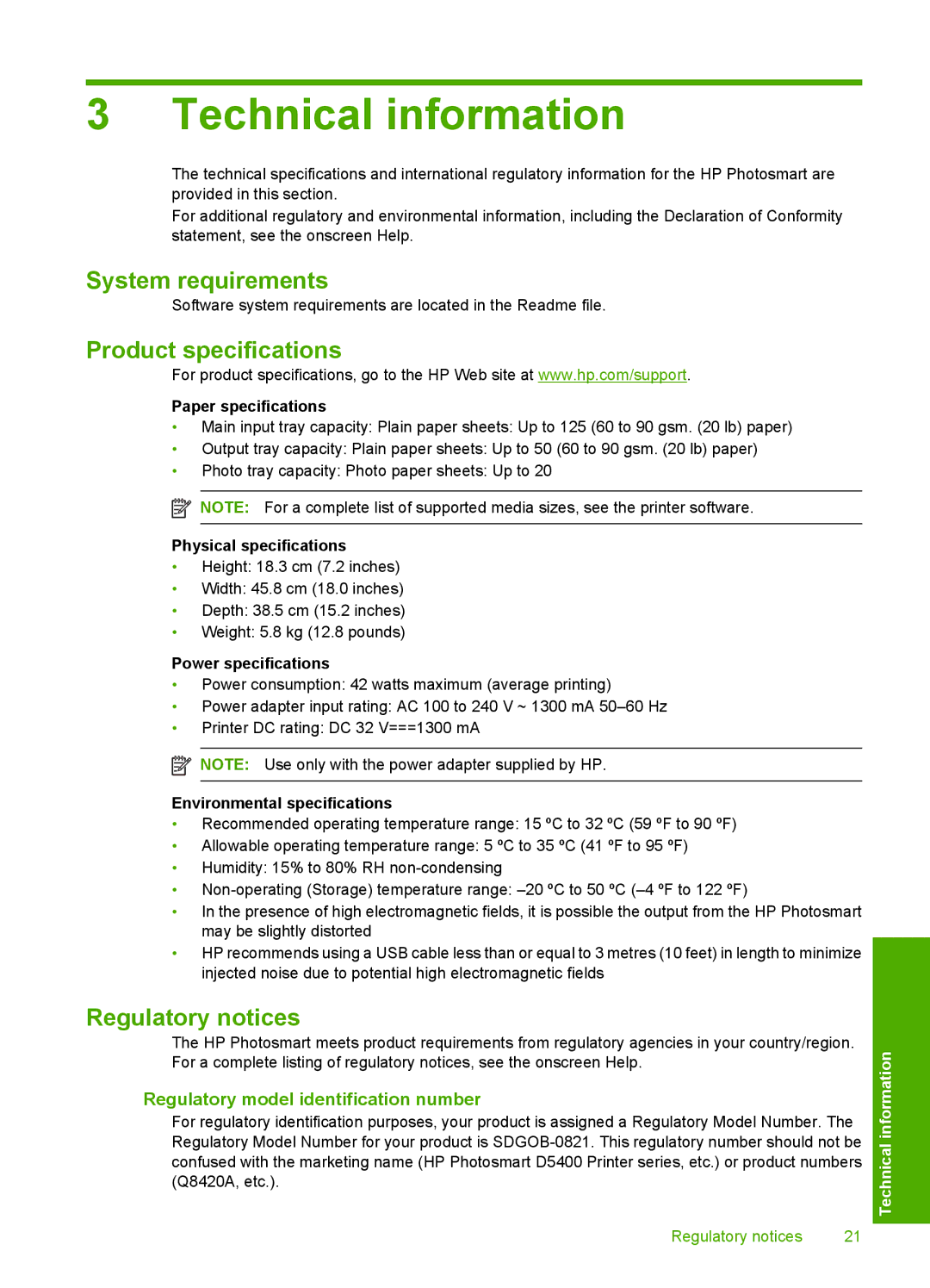 HP D5463 manual System requirements, Product specifications, Regulatory notices, Regulatory model identification number 