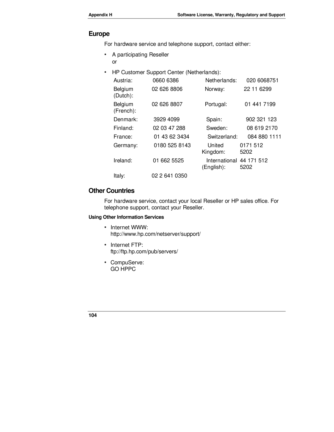 HP D6028-90004 manual Europe, Other Countries 