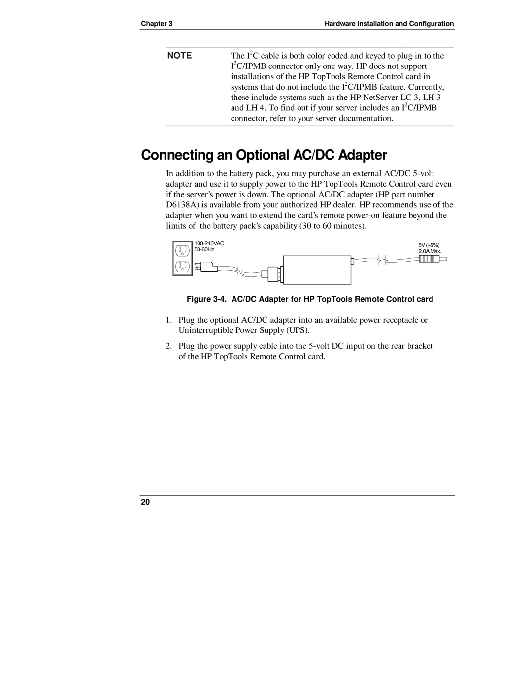 HP D6028-90004 manual Connecting an Optional AC/DC Adapter, AC/DC Adapter for HP TopTools Remote Control card 