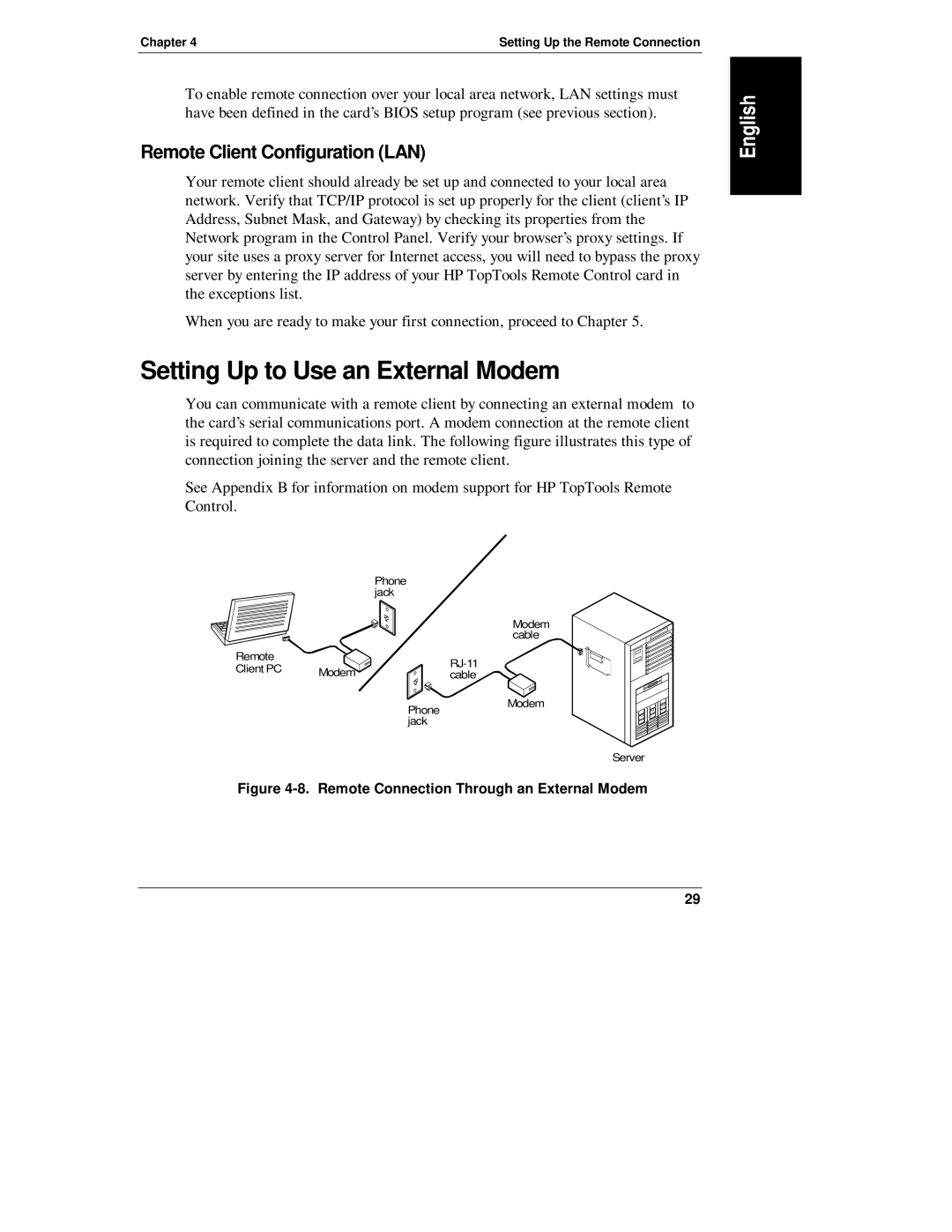 HP D6028-90004 manual Setting Up to Use an External Modem, Remote Client Configuration LAN 