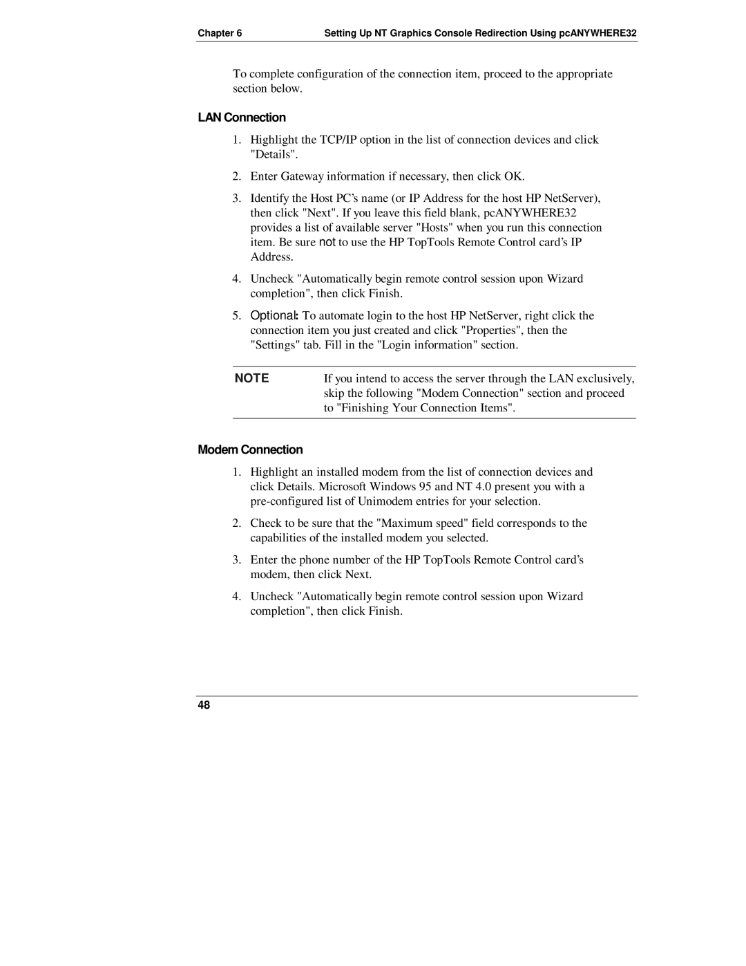 HP D6028-90004 manual LAN Connection, Modem Connection 