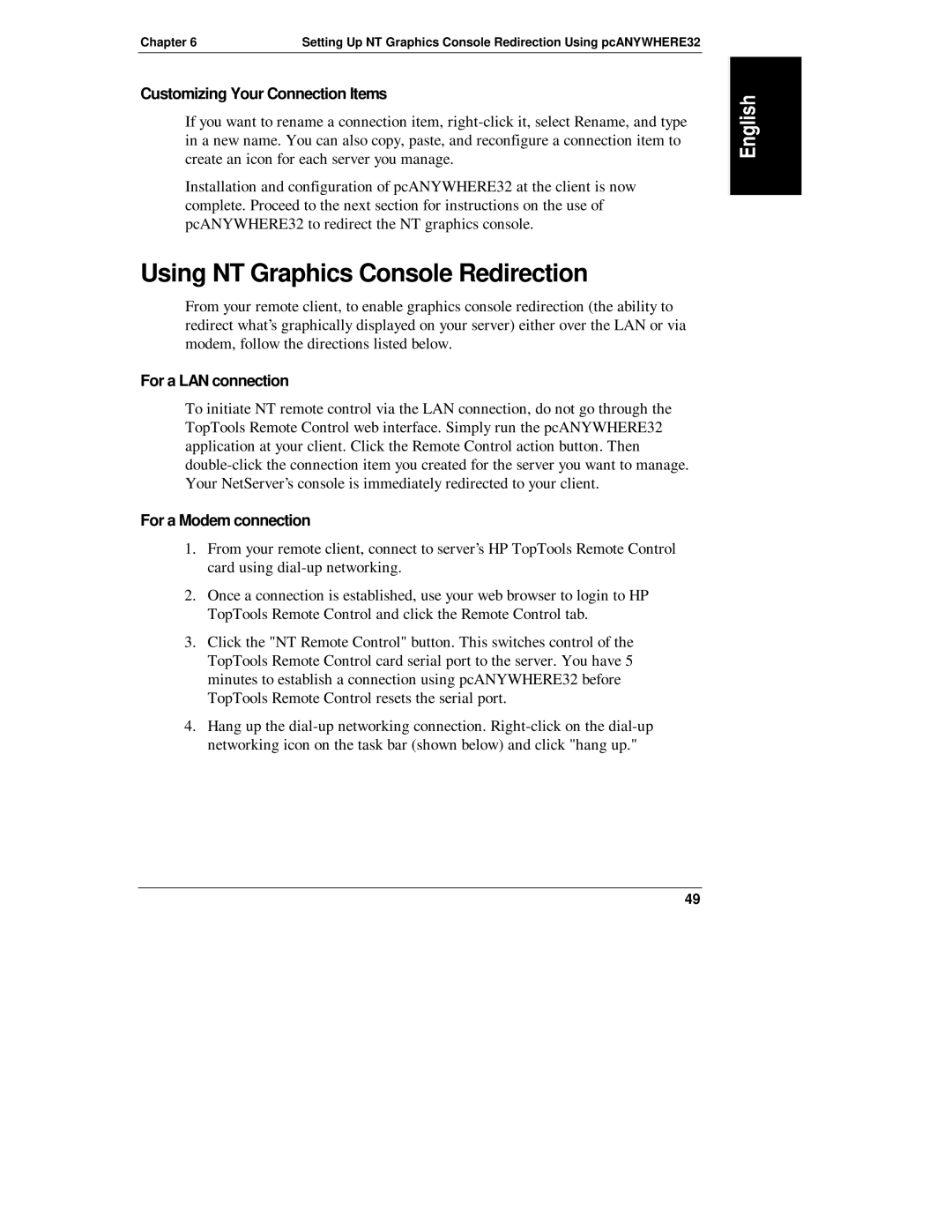 HP D6028-90004 manual Using NT Graphics Console Redirection, Customizing Your Connection Items, For a LAN connection 