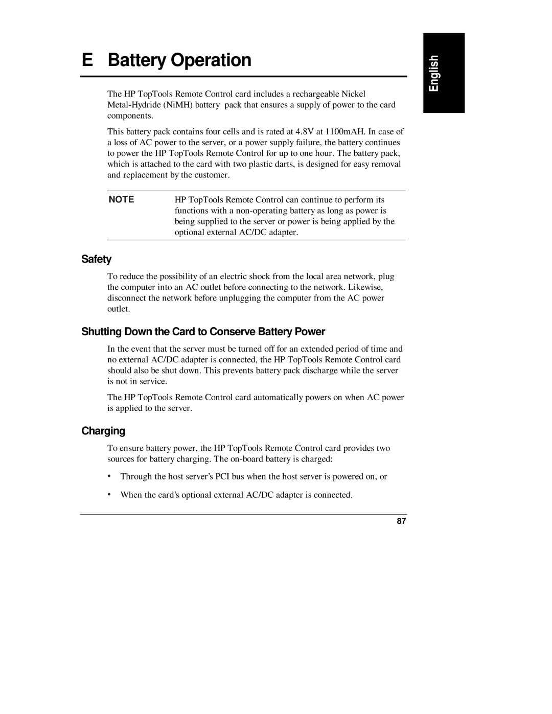 HP D6028-90004 manual Battery Operation, Safety, Shutting Down the Card to Conserve Battery Power, Charging 