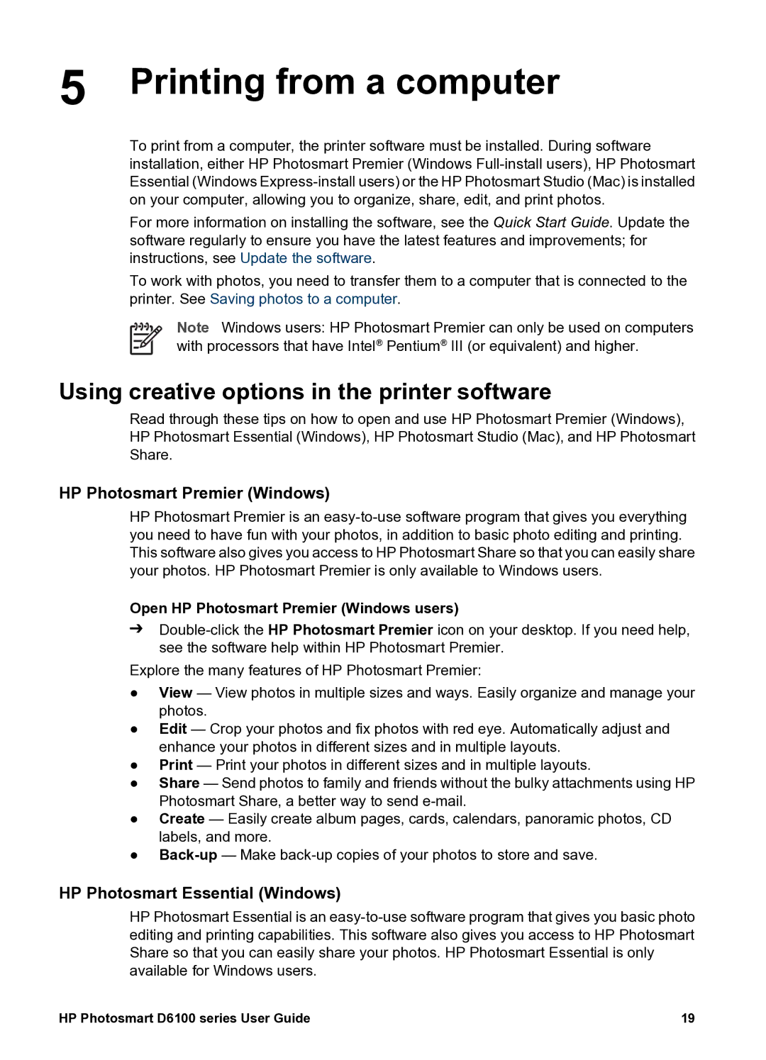 HP D6100 manual Printing from a computer, Using creative options in the printer software, HP Photosmart Premier Windows 