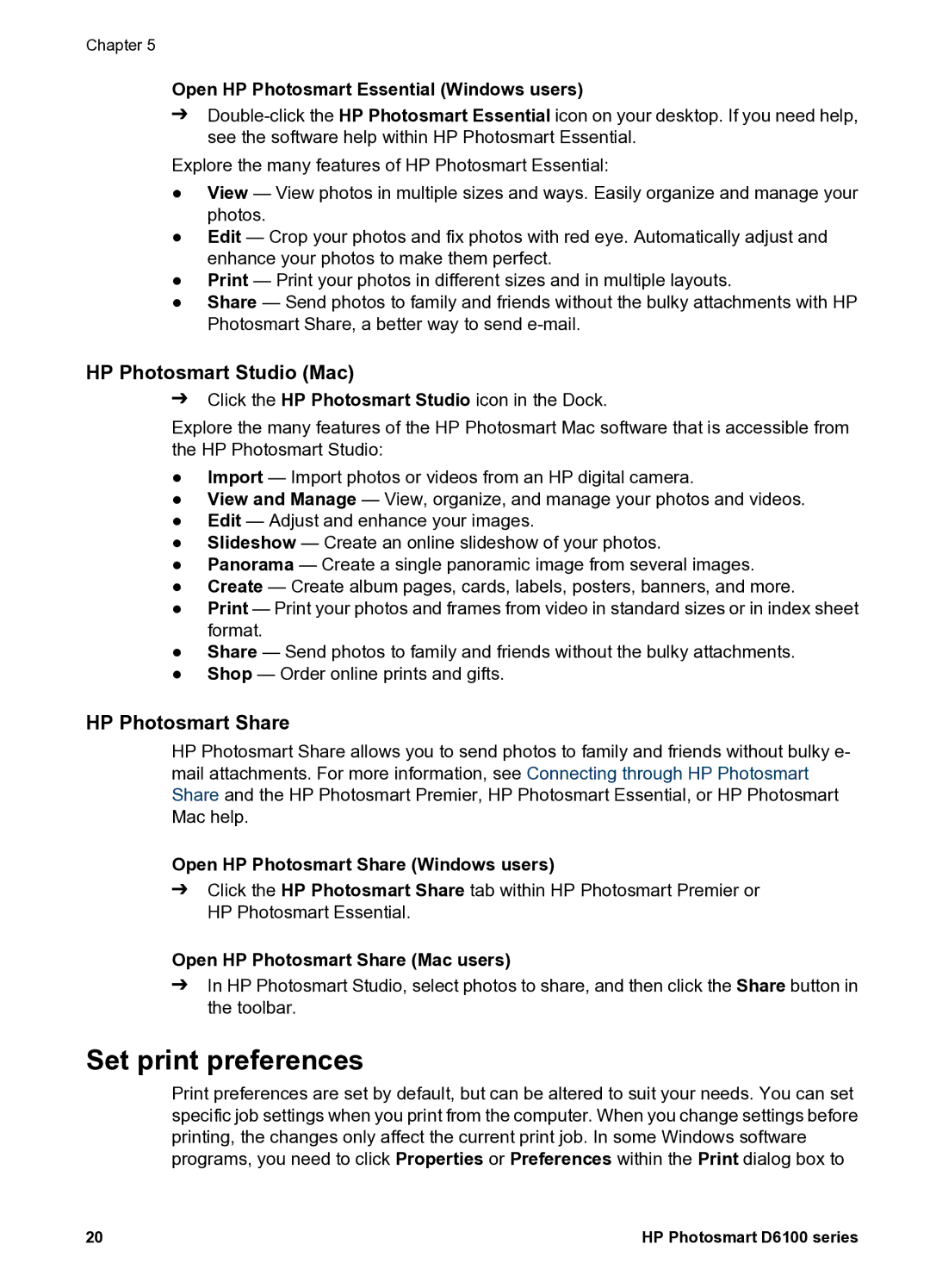 HP D6100 manual Set print preferences, HP Photosmart Studio Mac, HP Photosmart Share 