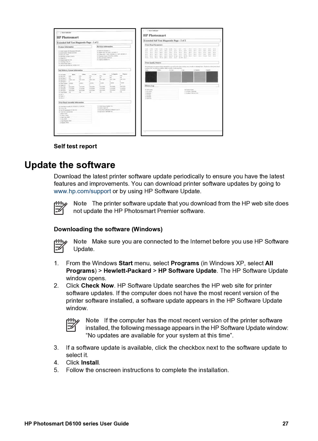 HP D6100 manual Update the software, Self test report, Downloading the software Windows 