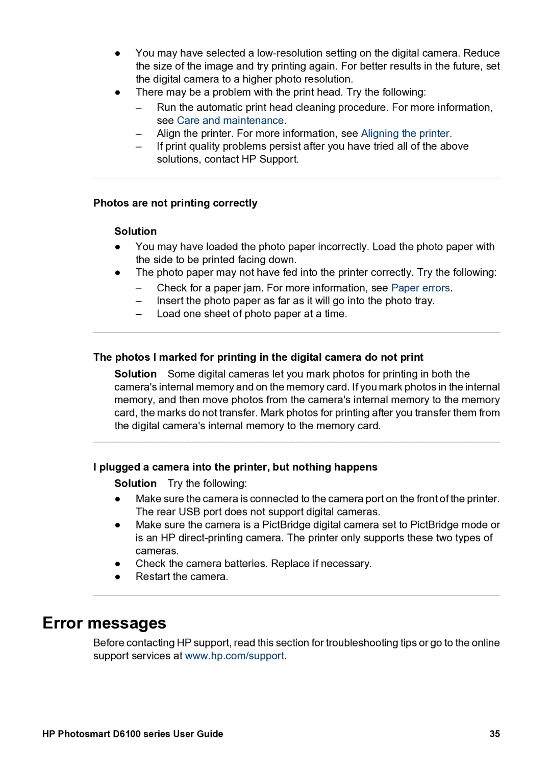HP D6100 manual Error messages, Photos are not printing correctly Solution 