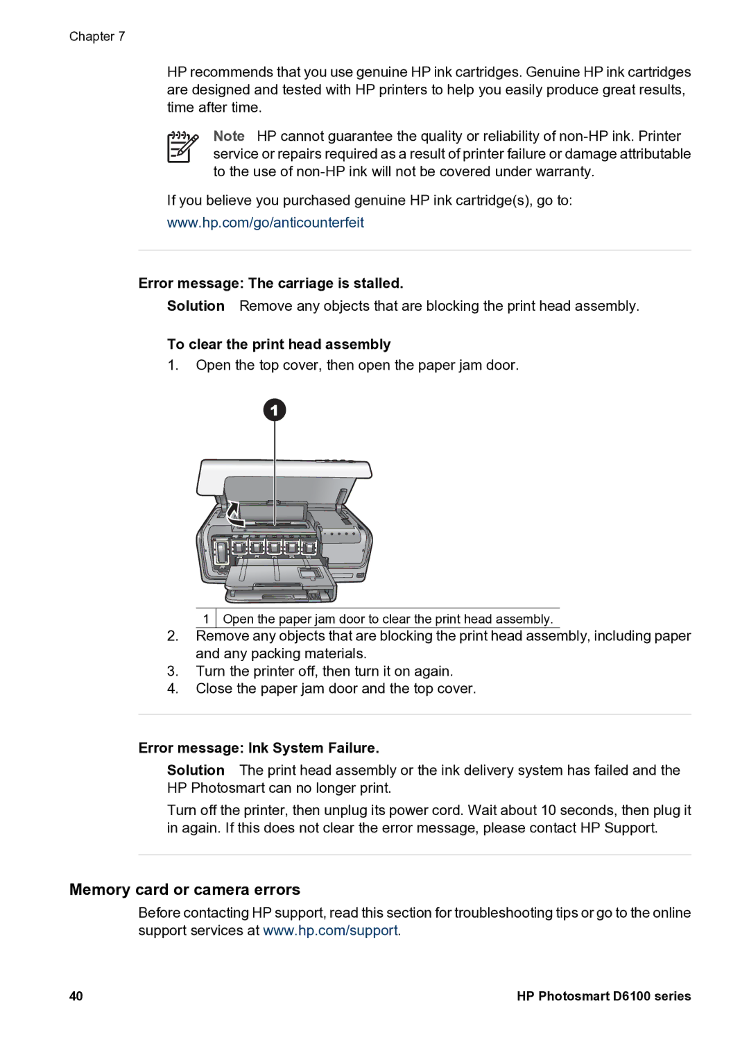 HP D6100 manual Memory card or camera errors, Error message The carriage is stalled, To clear the print head assembly 