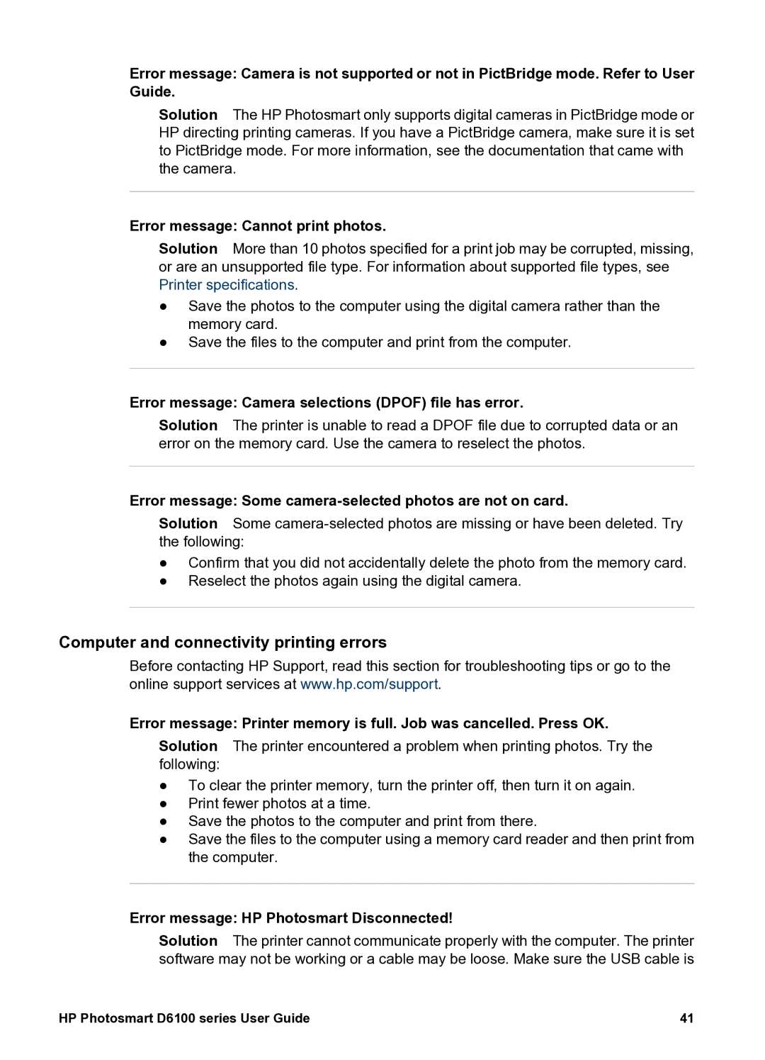 HP D6100 manual Computer and connectivity printing errors, Error message Cannot print photos 