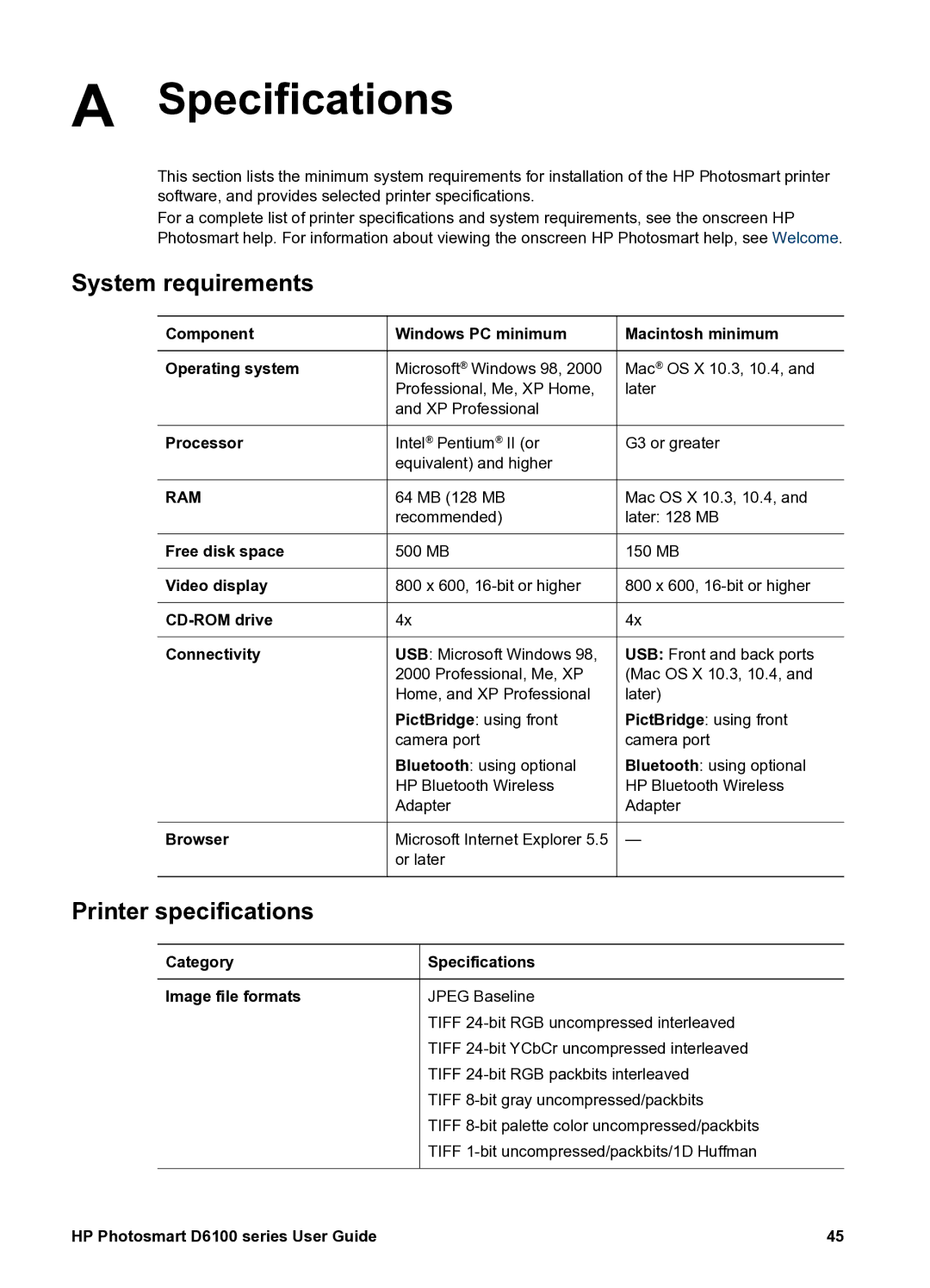 HP D6100 manual Specifications, System requirements 