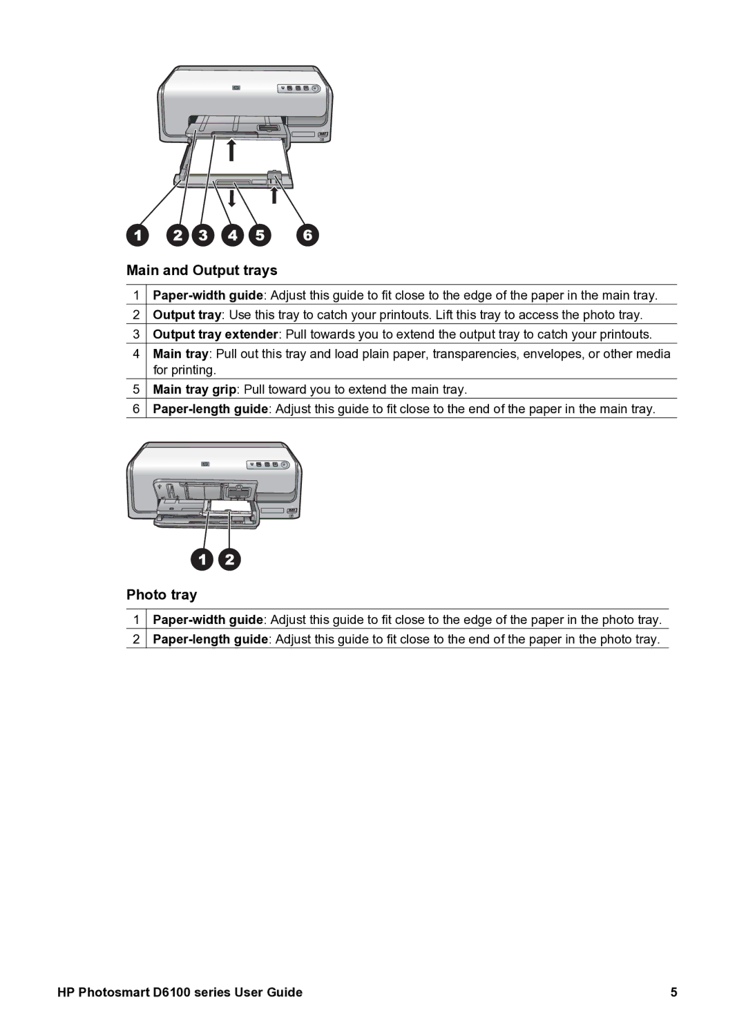 HP D6100 manual Main and Output trays, Photo tray 