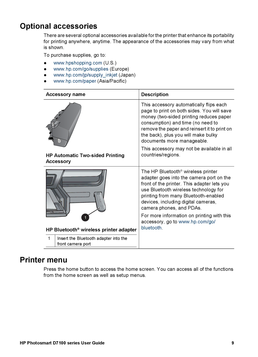 HP D7100 Optional accessories, Printer menu, Accessory name Description, HP Bluetooth wireless printer adapter bluetooth 