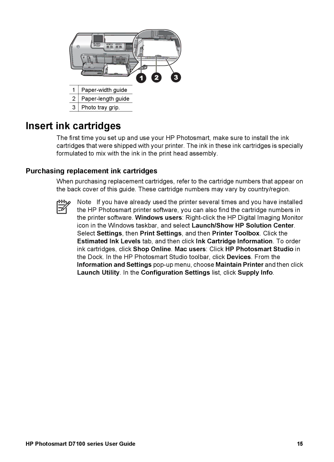 HP D7100 manual Insert ink cartridges, Purchasing replacement ink cartridges 