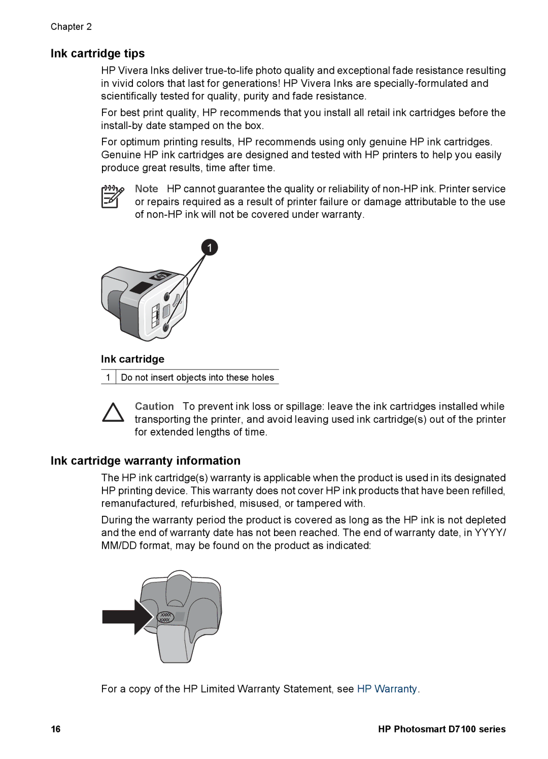 HP D7100 manual Ink cartridge tips, Ink cartridge warranty information 