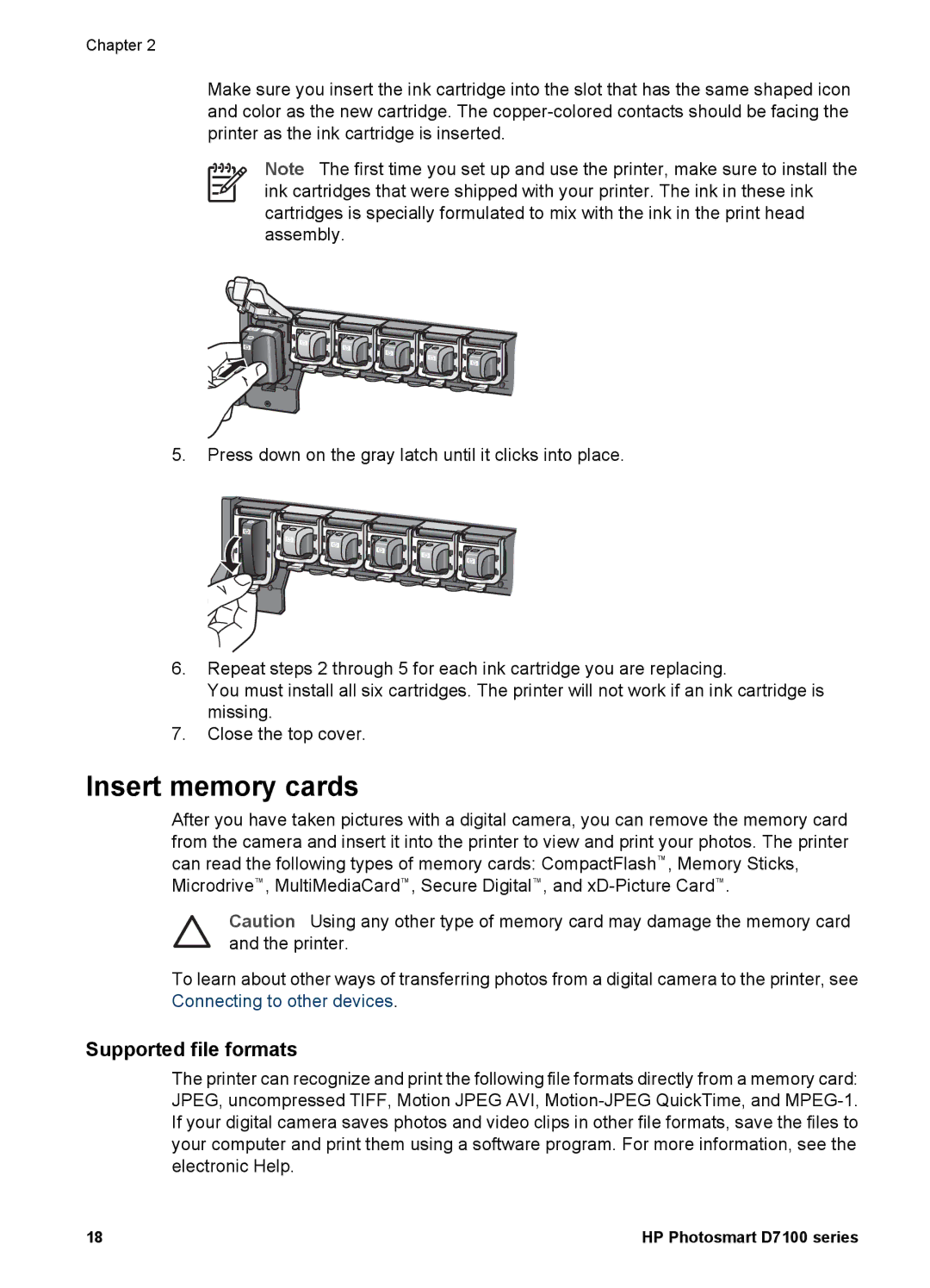 HP D7100 manual Insert memory cards, Supported file formats 