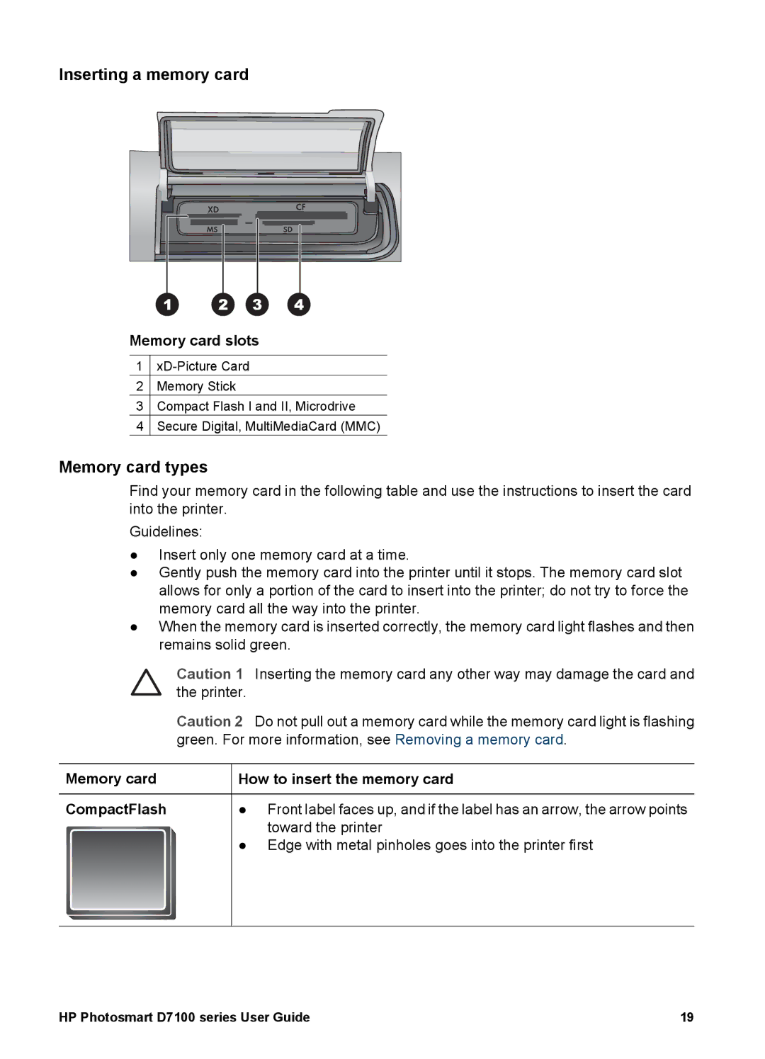 HP D7100 manual Inserting a memory card, Memory card types, Memory card slots 