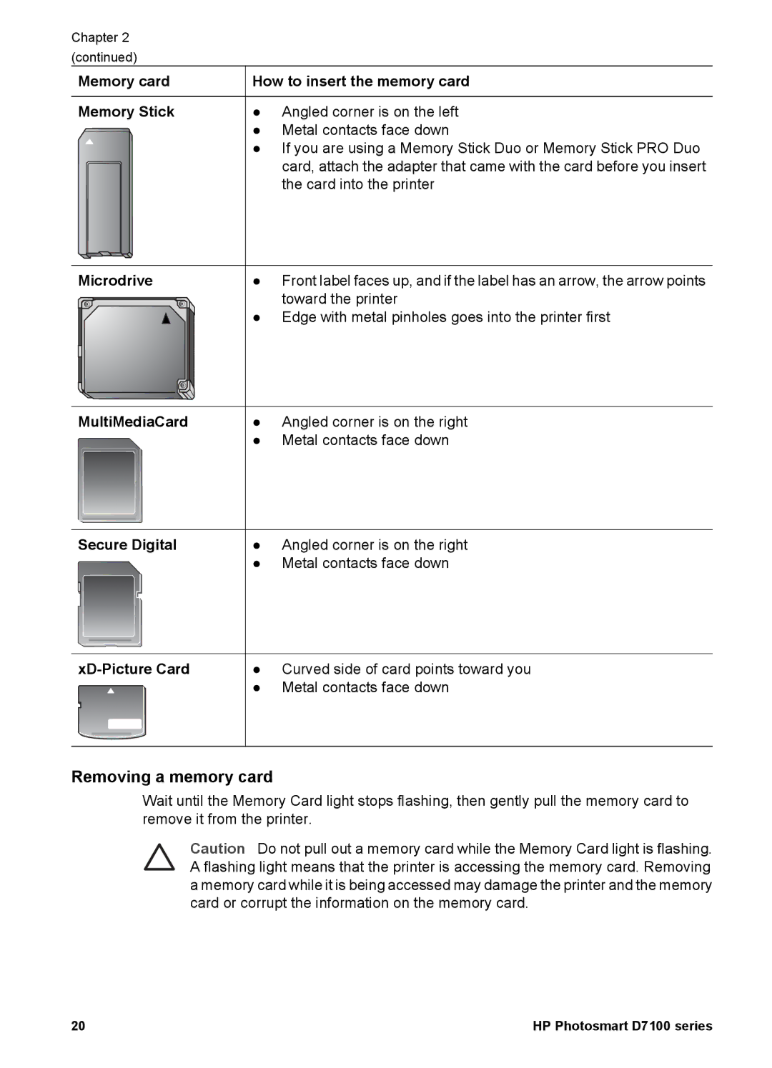 HP D7100 manual Removing a memory card 