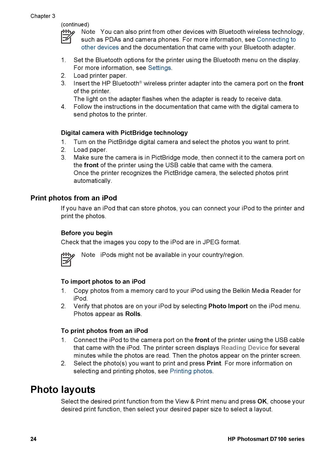 HP D7100 manual Photo layouts, Print photos from an iPod 