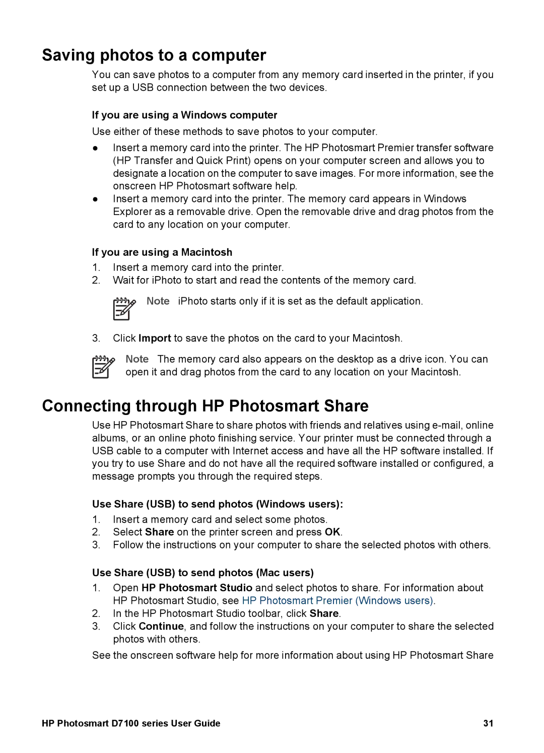 HP D7100 manual Saving photos to a computer, Connecting through HP Photosmart Share 