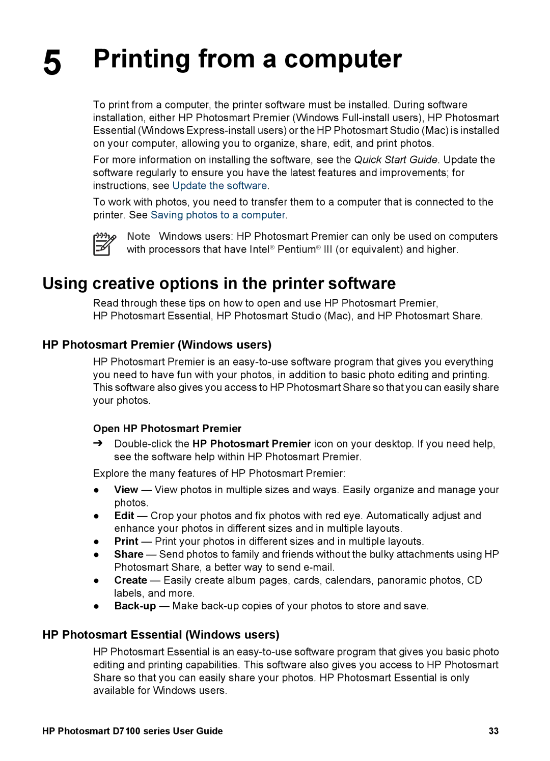 HP D7100 Printing from a computer, Using creative options in the printer software, HP Photosmart Premier Windows users 