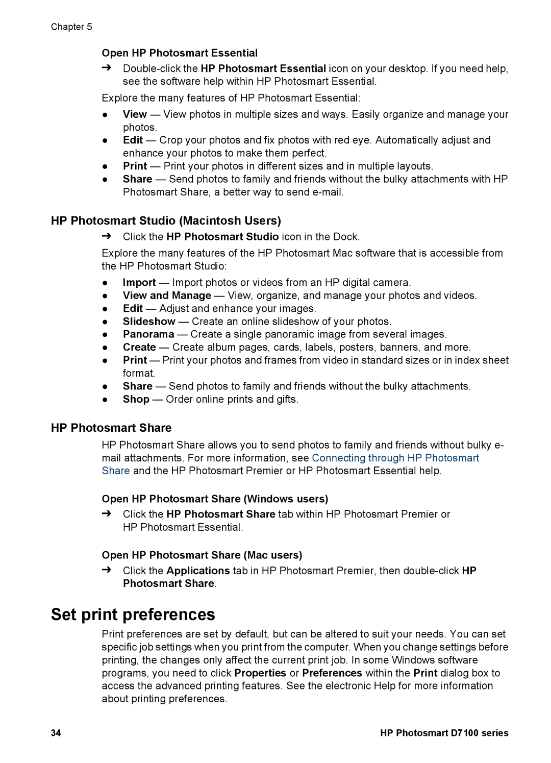 HP D7100 manual Set print preferences, HP Photosmart Studio Macintosh Users, HP Photosmart Share 