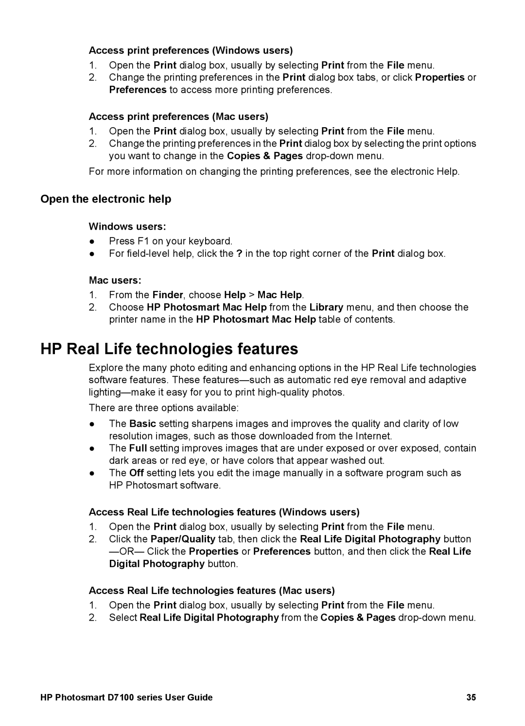 HP D7100 manual HP Real Life technologies features, Open the electronic help 