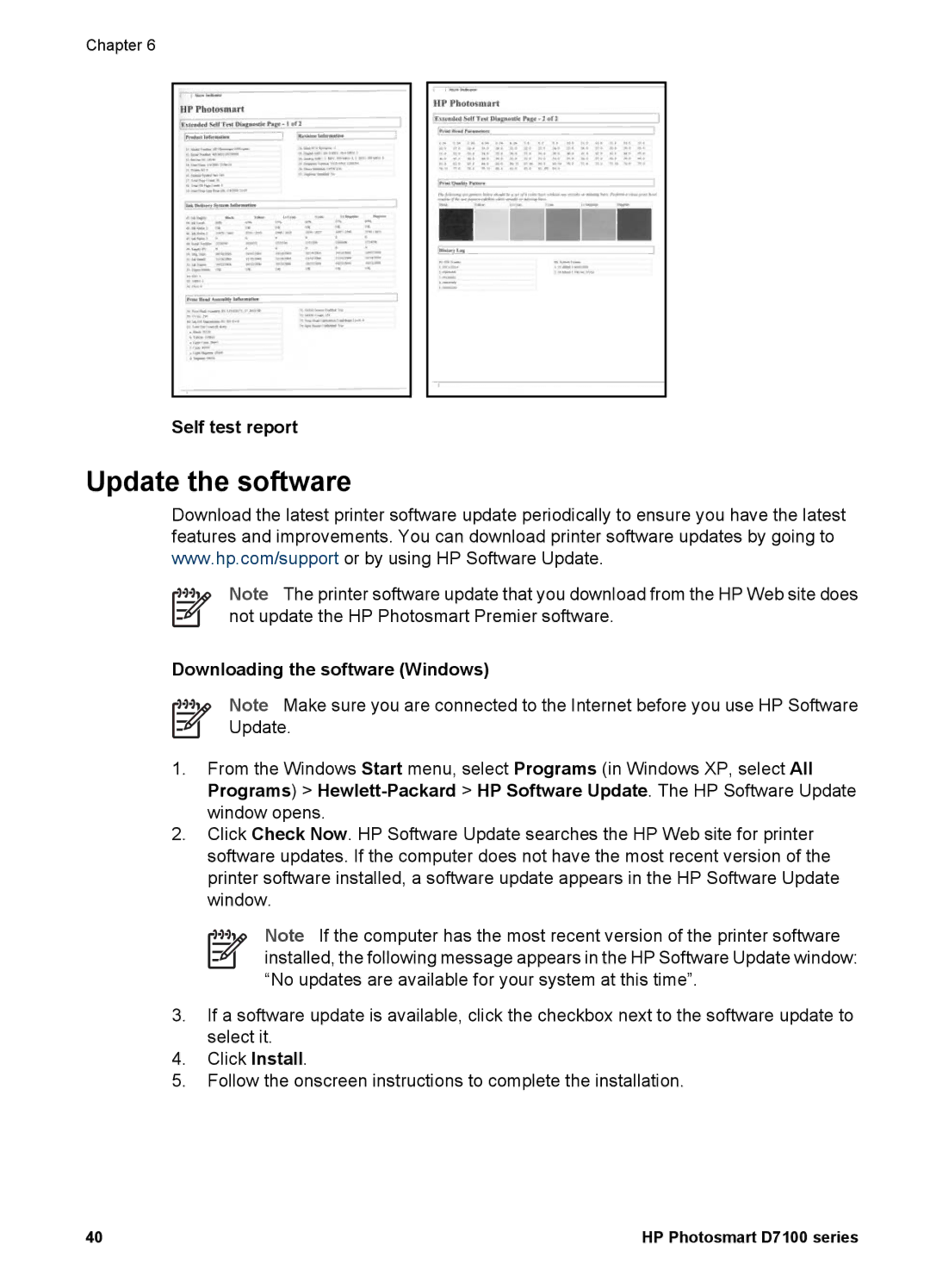 HP D7100 manual Update the software, Self test report, Downloading the software Windows 