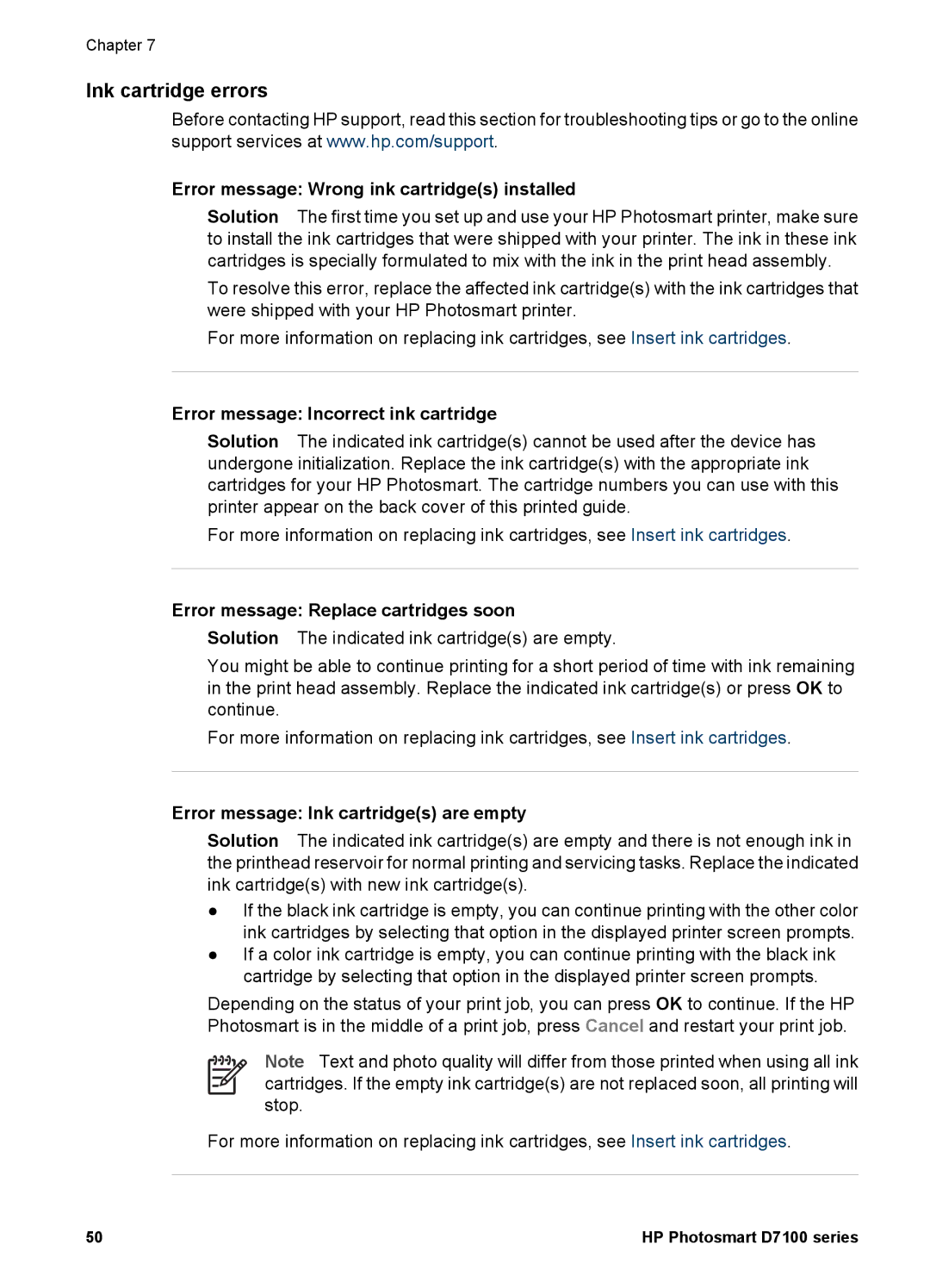 HP D7100 manual Ink cartridge errors, Error message Wrong ink cartridges installed, Error message Incorrect ink cartridge 