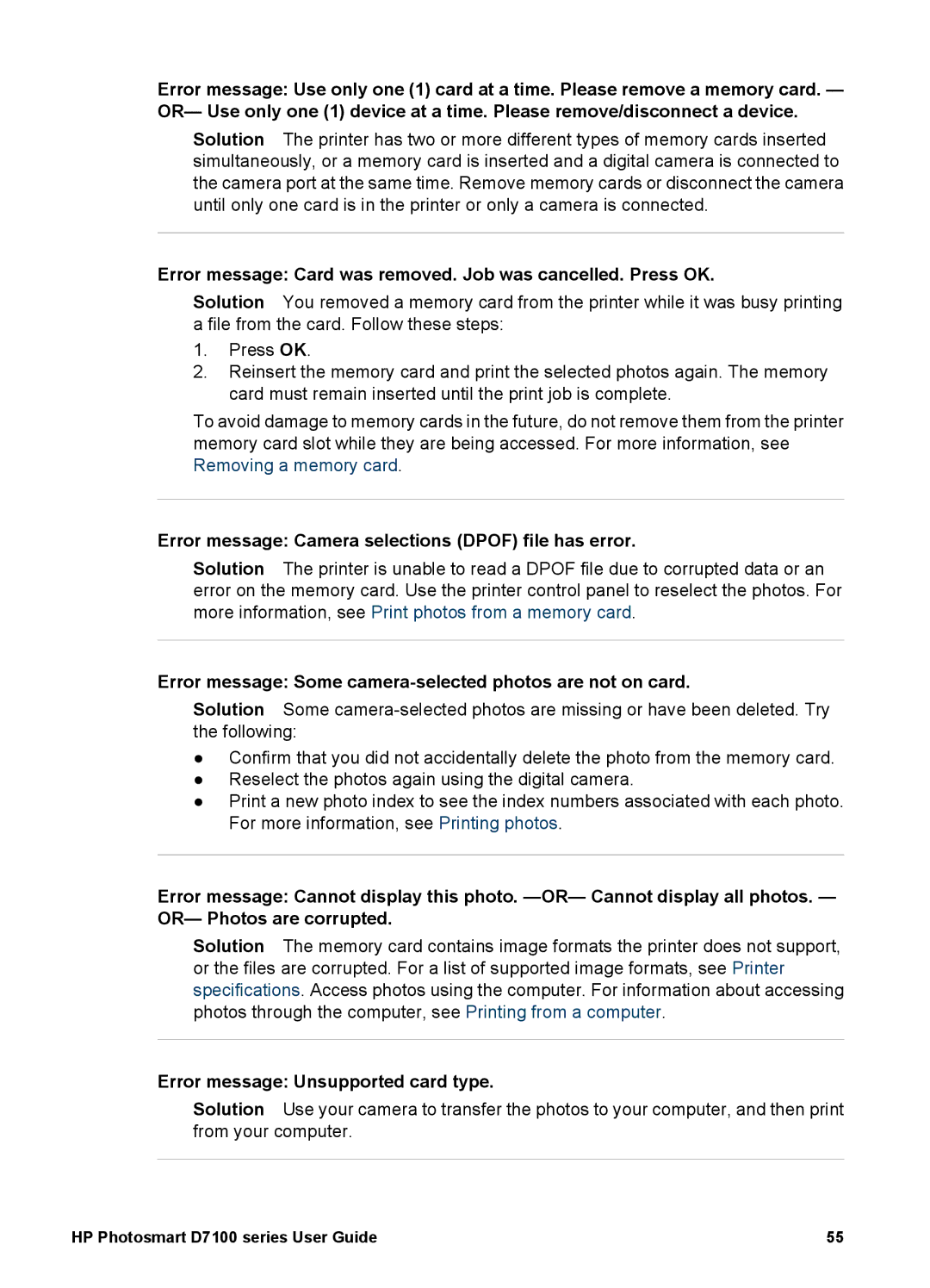 HP D7100 Error message Card was removed. Job was cancelled. Press OK, Error message Camera selections Dpof file has error 