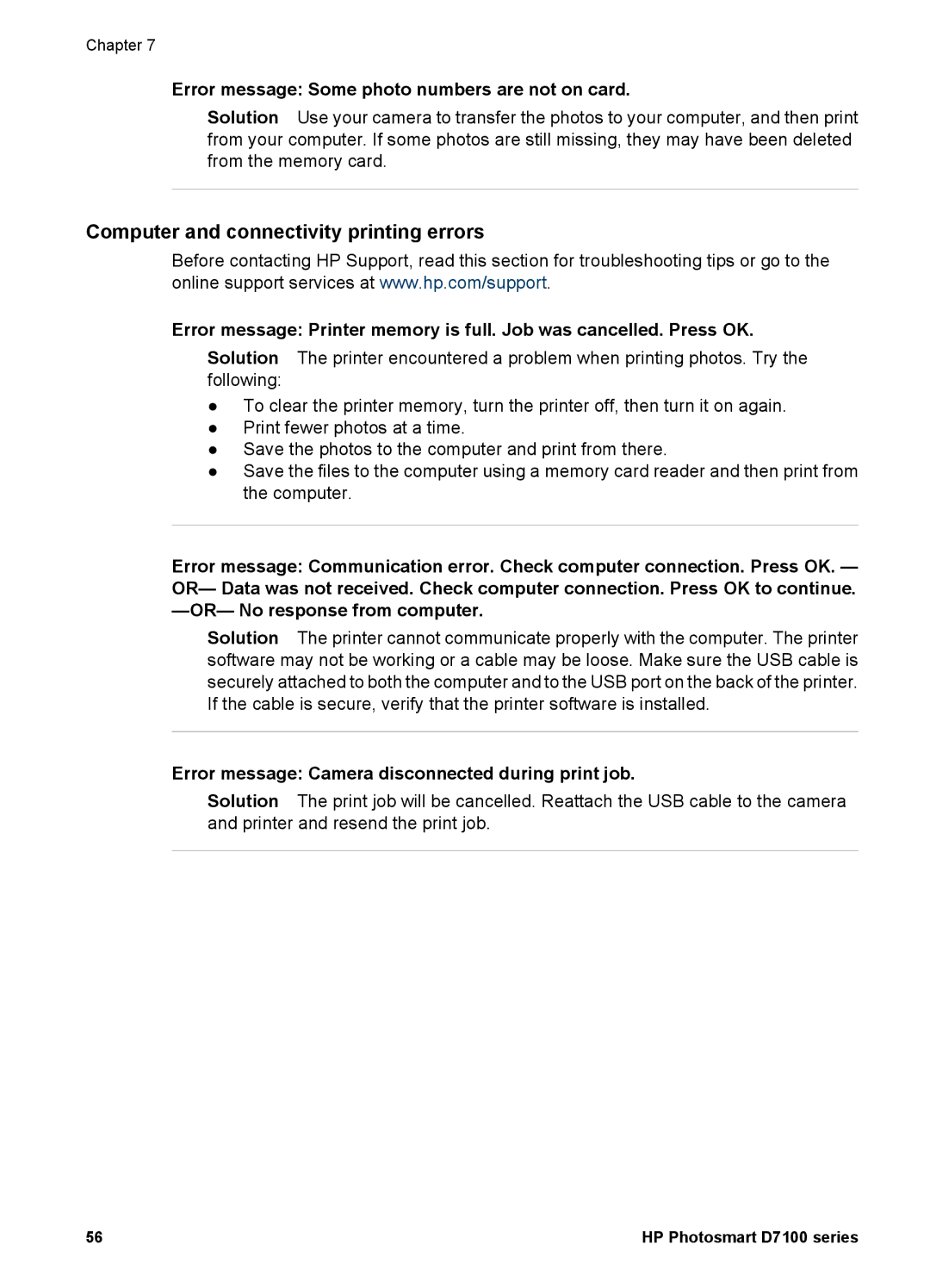 HP D7100 manual Computer and connectivity printing errors, Error message Some photo numbers are not on card 