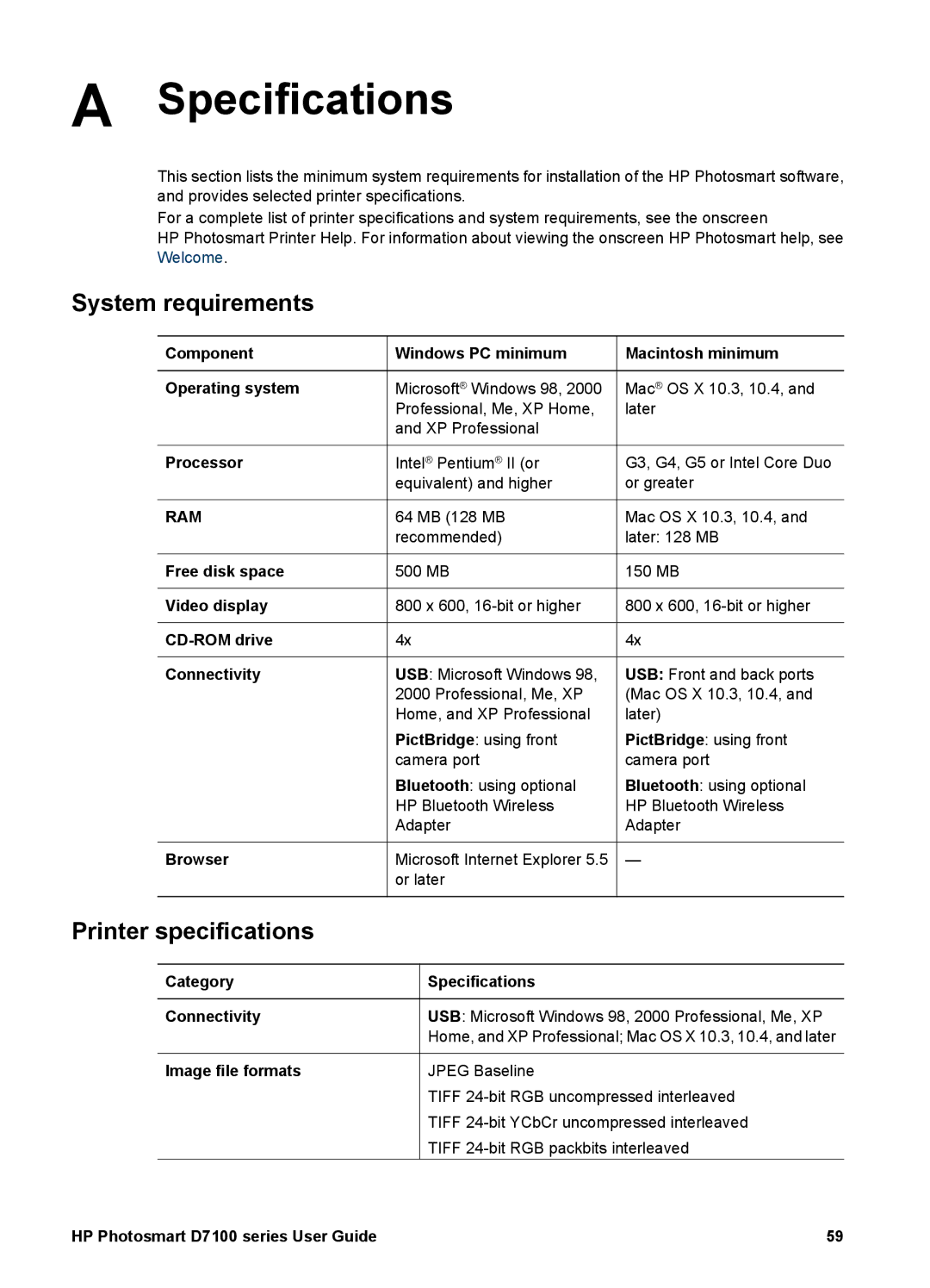 HP D7100 manual Specifications, System requirements 