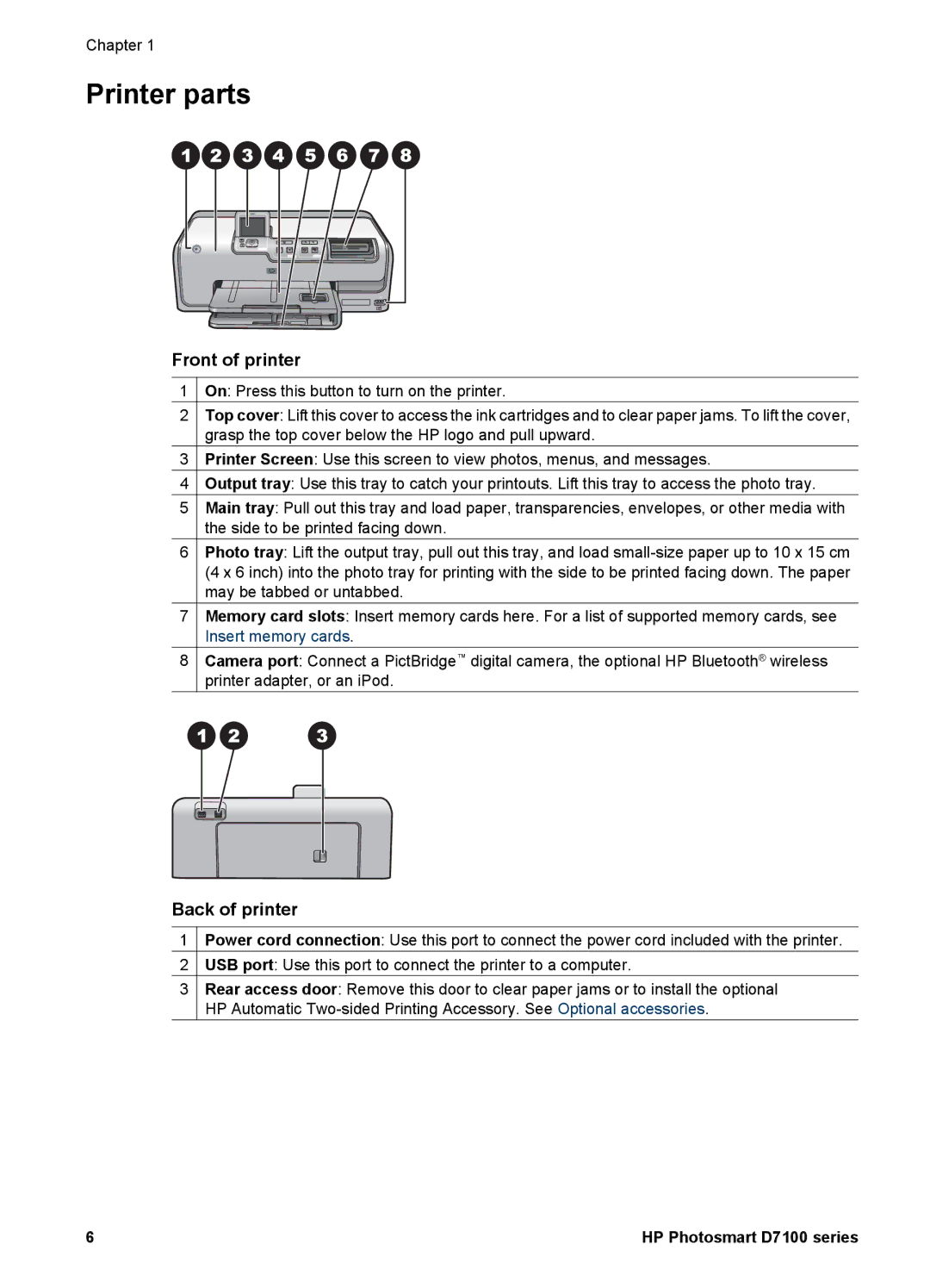 HP D7100 manual Printer parts, Front of printer, Back of printer 